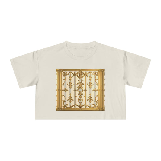 Elegant Vintage Women's Crop Tee, Stylish Oversized Top, Casual Summer Shirt, Trendy Women's Apparel - Matte Gray & Cream Striped Gold Baroque
