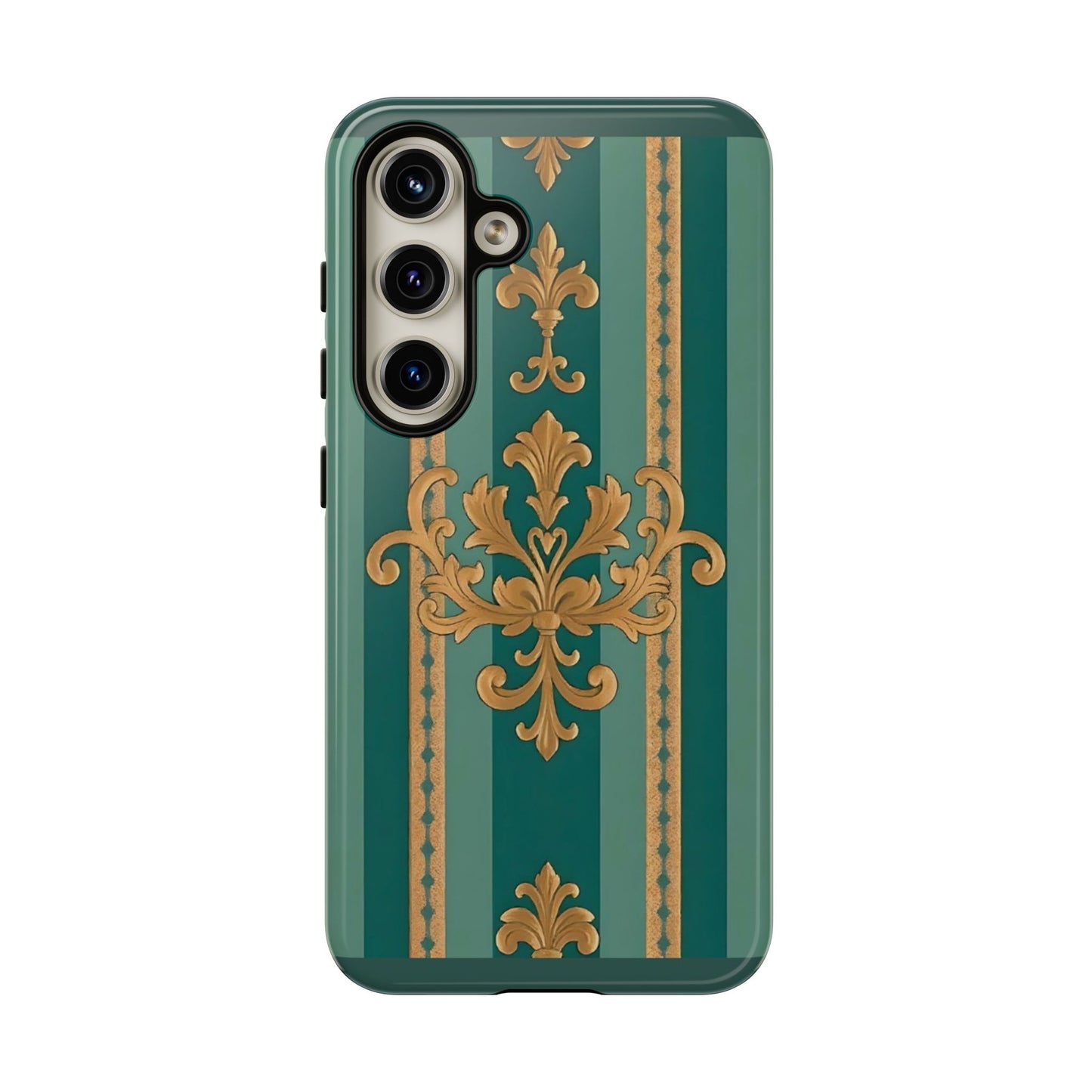 Elegant Floral Motif Phone Case - Tough Cases with Vintage Design - Teal Striped Gold Damask