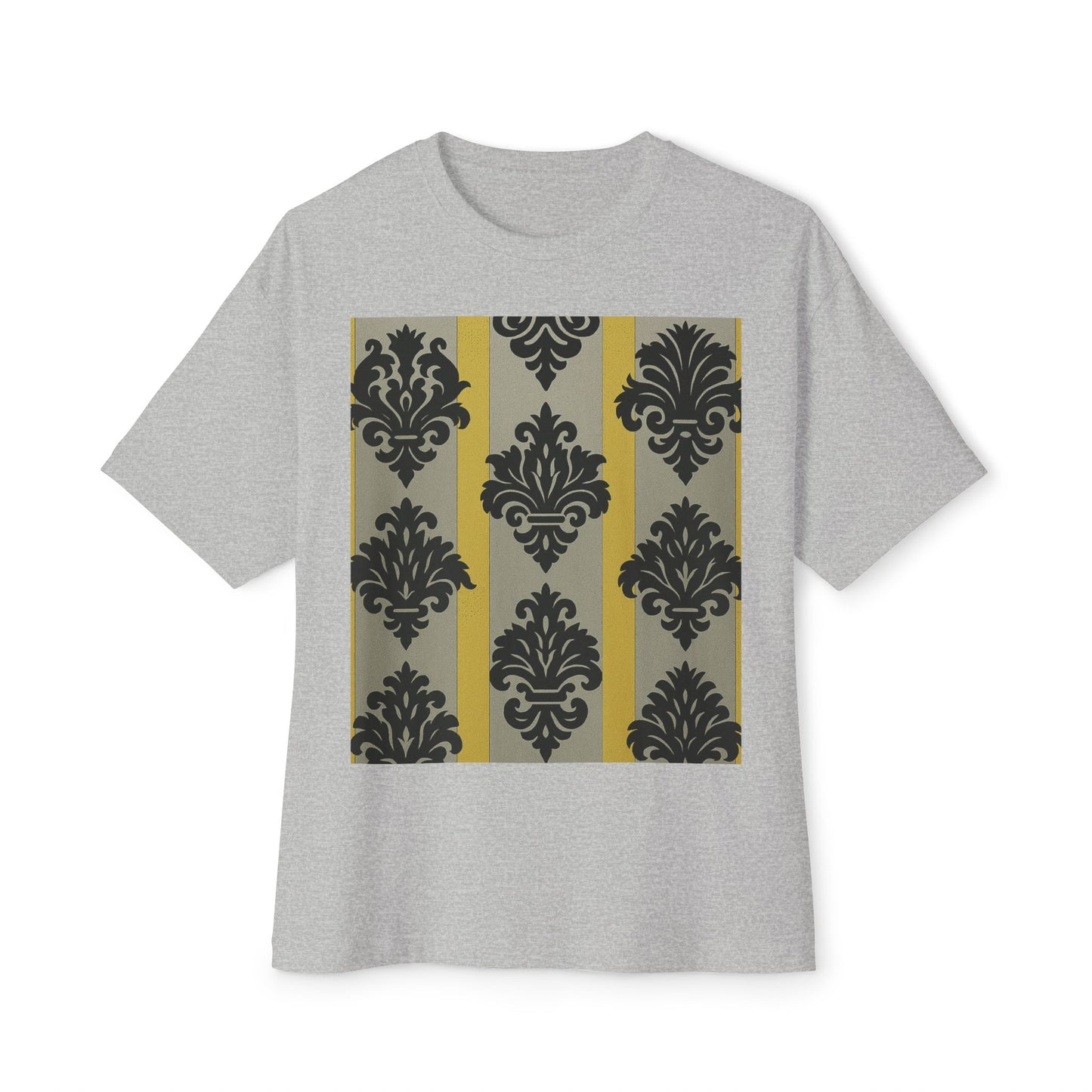 Chic Unisex Oversized Tee, Stylish Casual Wear, Statement Tee, Everyday Comfort, Fashion Gift - Silver & Gold Striped Black Baroque