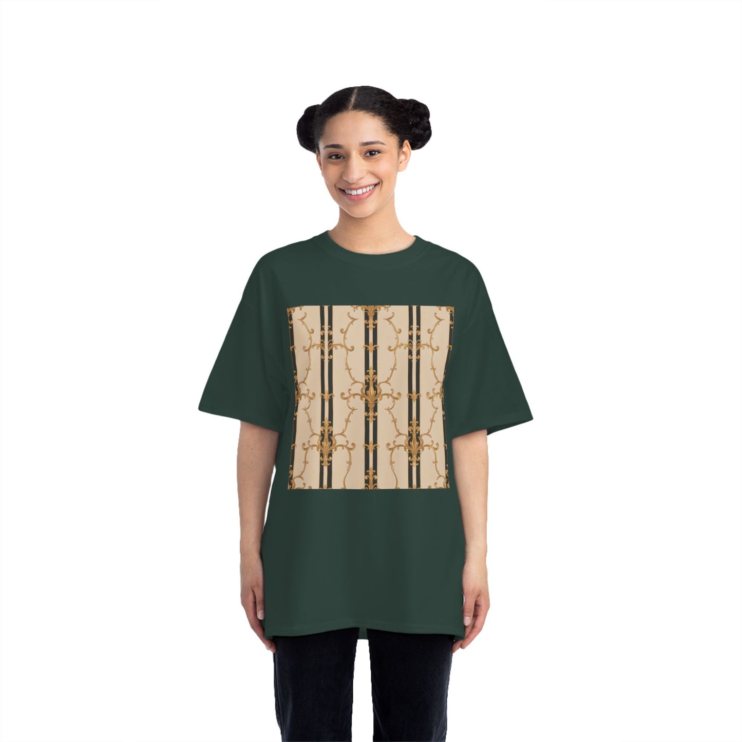Stylish Graphic Tee for Casual Wear, Fashionable Short-Sleeve Shirt, Unique Summer Top - Black & Beige Striped Damask