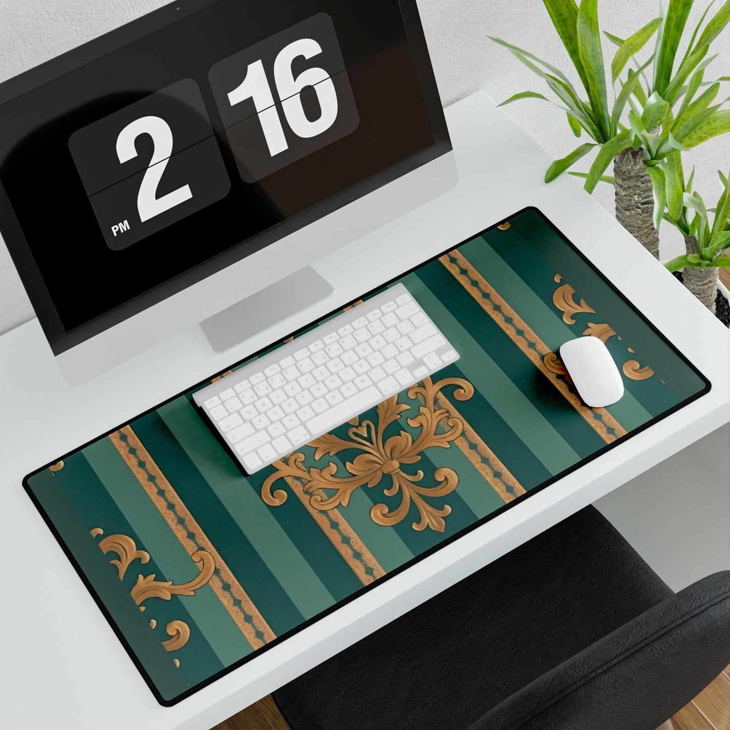 Elegant Floral Motif Desk Mat for Home Office Decor - Teal Striped Gold Damask