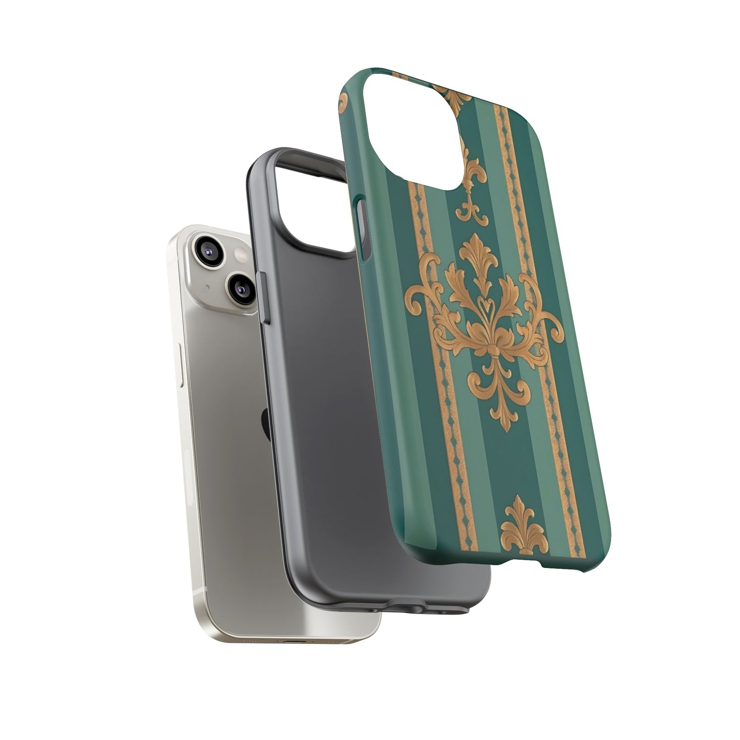 Elegant Floral Motif Phone Case - Tough Cases with Vintage Design - Teal Striped Gold Damask