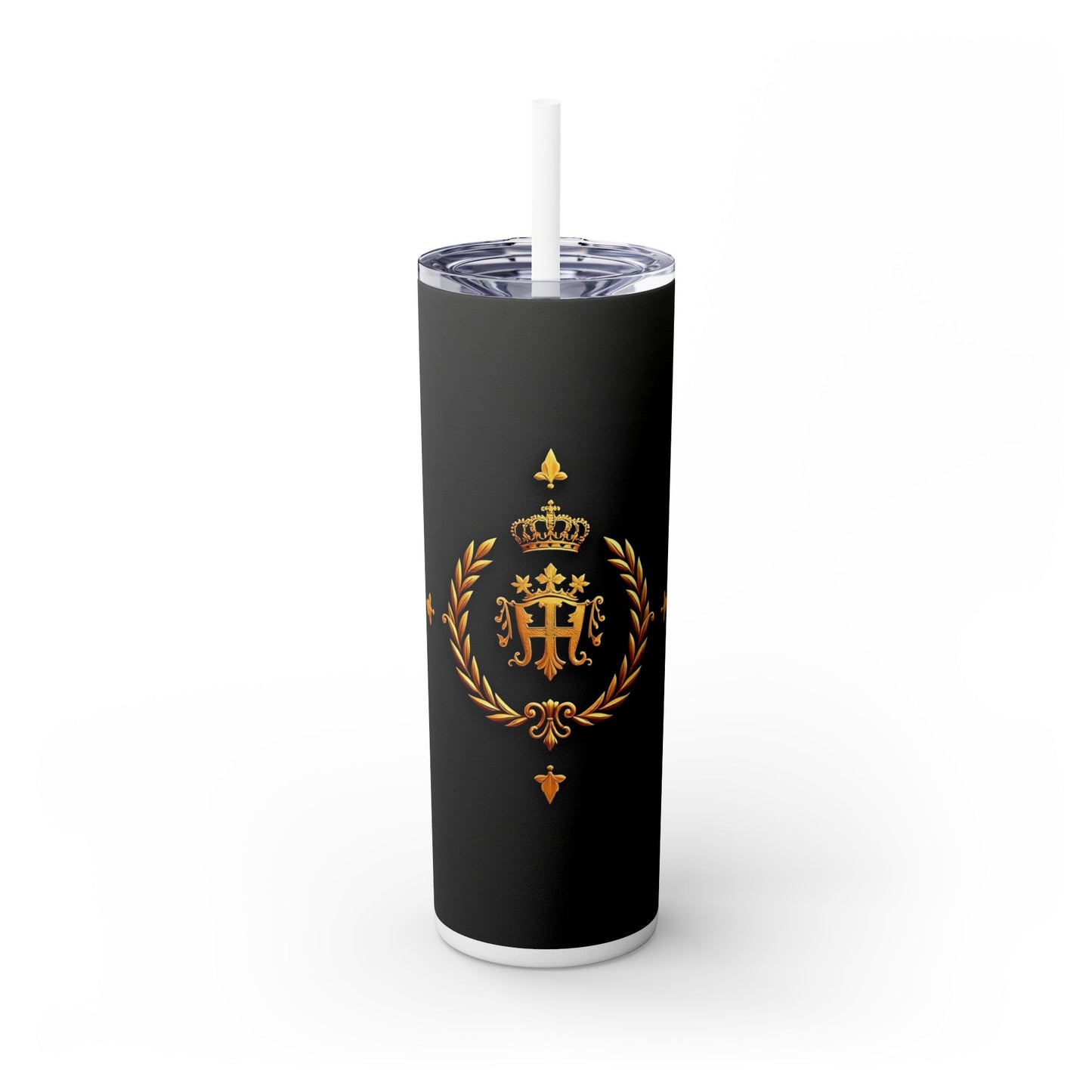 Elegant Royal Themed Skinny Tumbler, Chic Drinkware for Parties, Daily Hydration, Gifts for Her, Travel Mug, Reusable Straw - Pink Striped Gold Crest