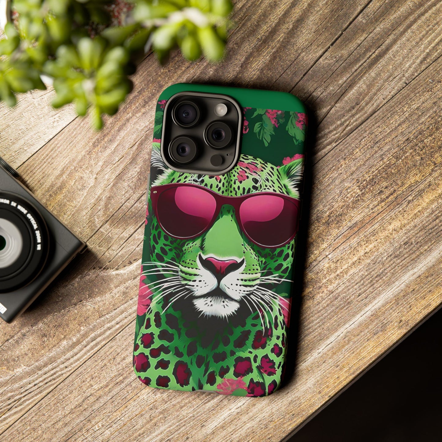 Phone Case - Lime Green & Burgundy Leopard In Sunglasses Design