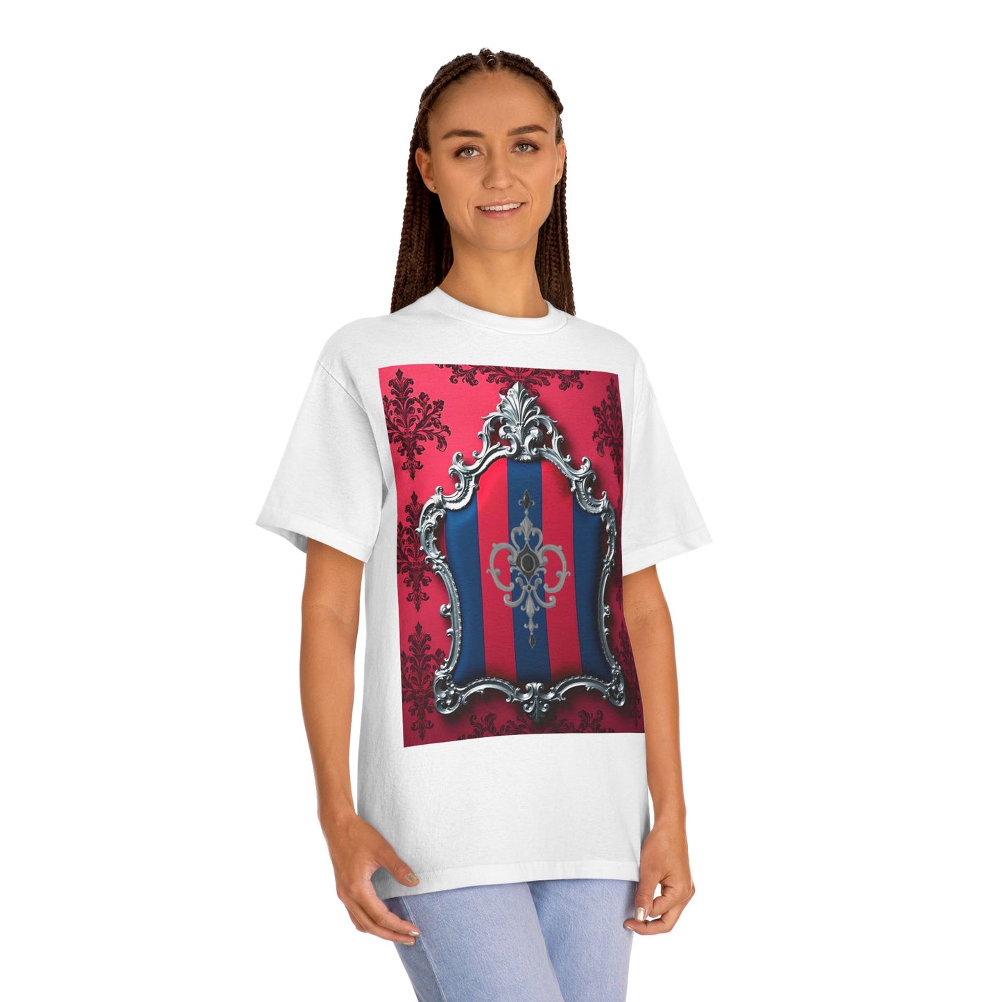 Vintage Couture Shield Unisex Classic Tee, Fashion T-Shirt, Gift for Fashion Lovers, Casual Wear, Unique Graphic Shirt - Blue & Red Striped Silver Crest