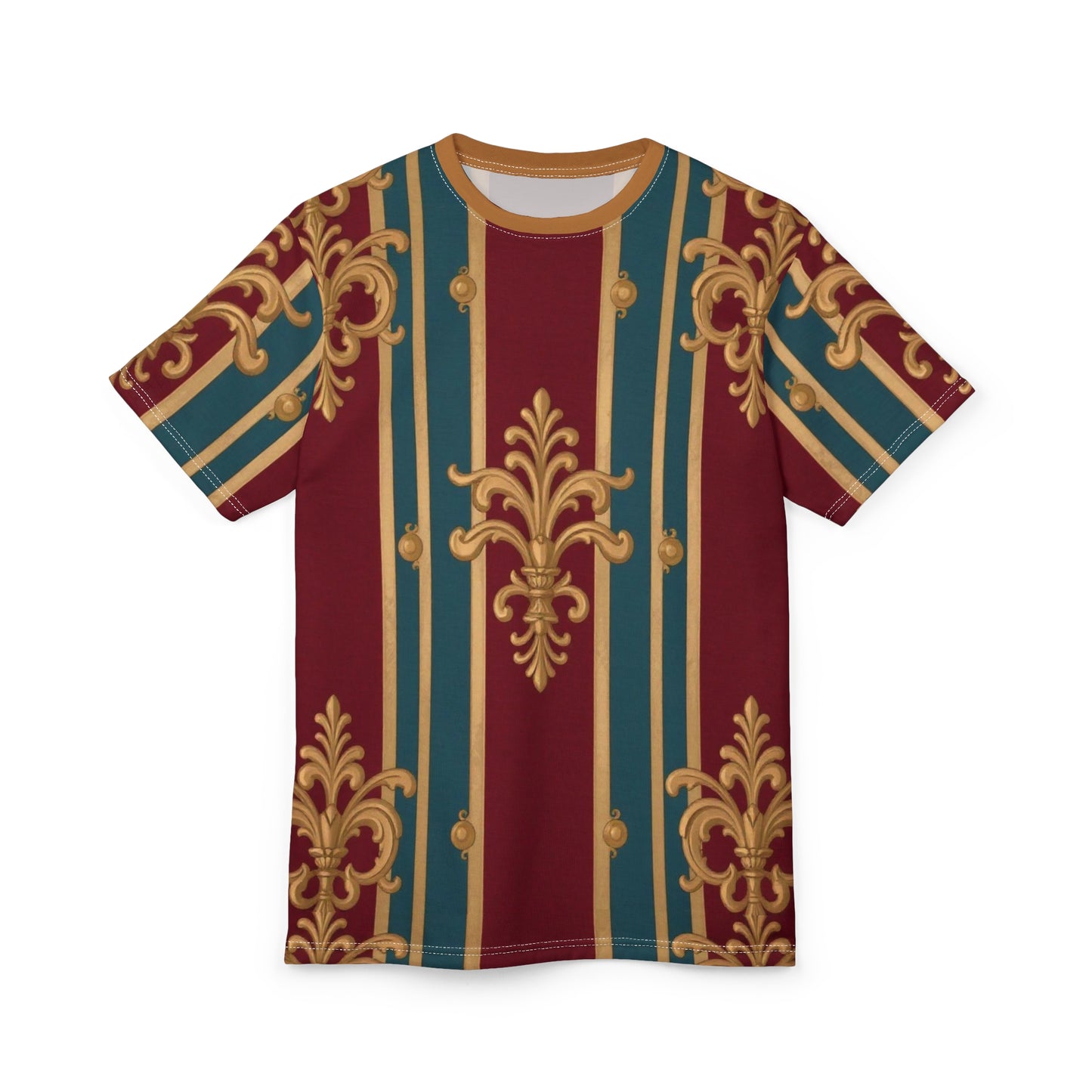Opulent Unisex Graphic Tee, Elegant Fashion Top, Stylish Casual Wear, Unique Gift Idea, Trendy Streetwear - Burgundy Striped Gold Baroque