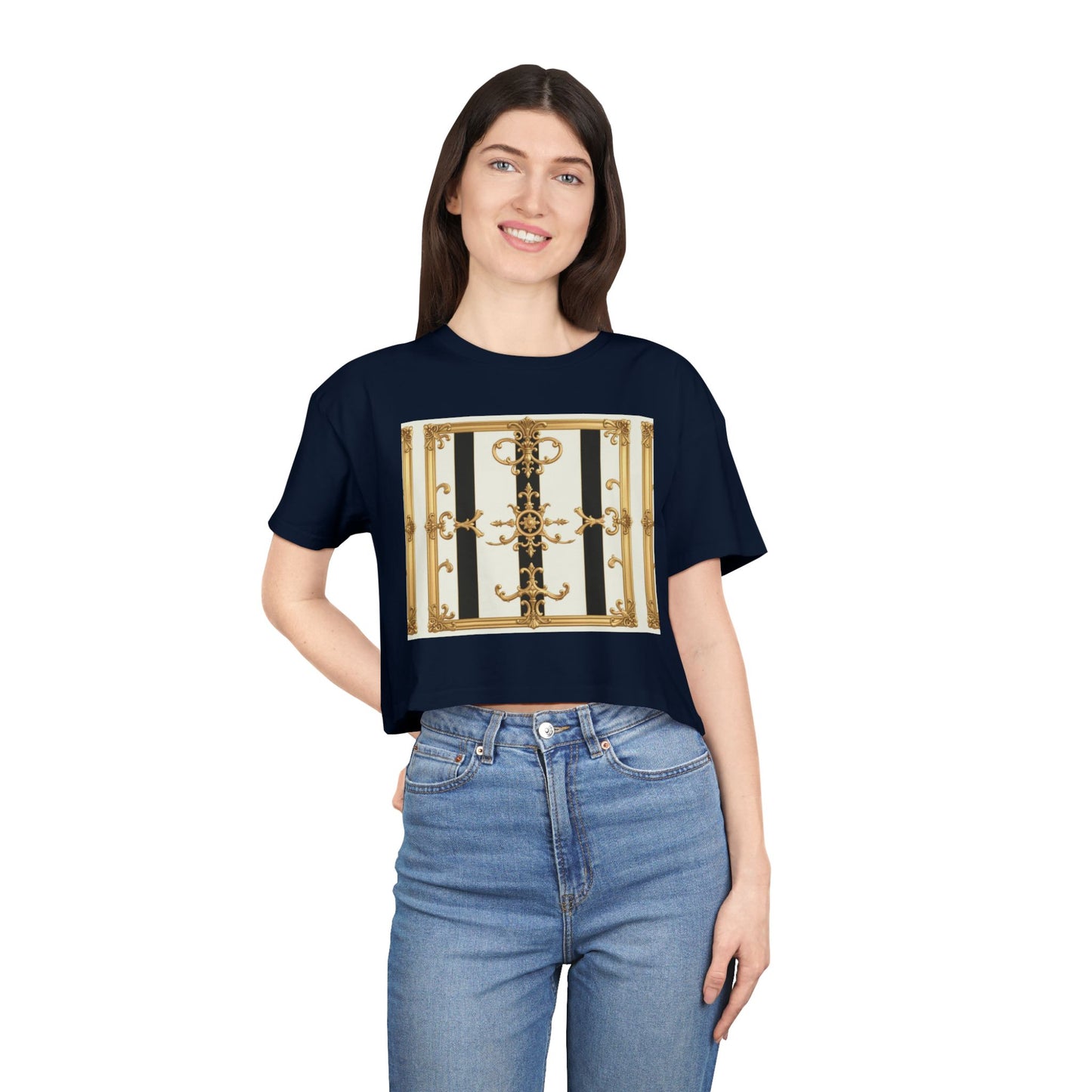 Chic Gold Baroque Women's Crop Tee, Stylish Summer Top, Fashionable Gift for Her, Casual Fashion - Black & White Striped Gold Baroque