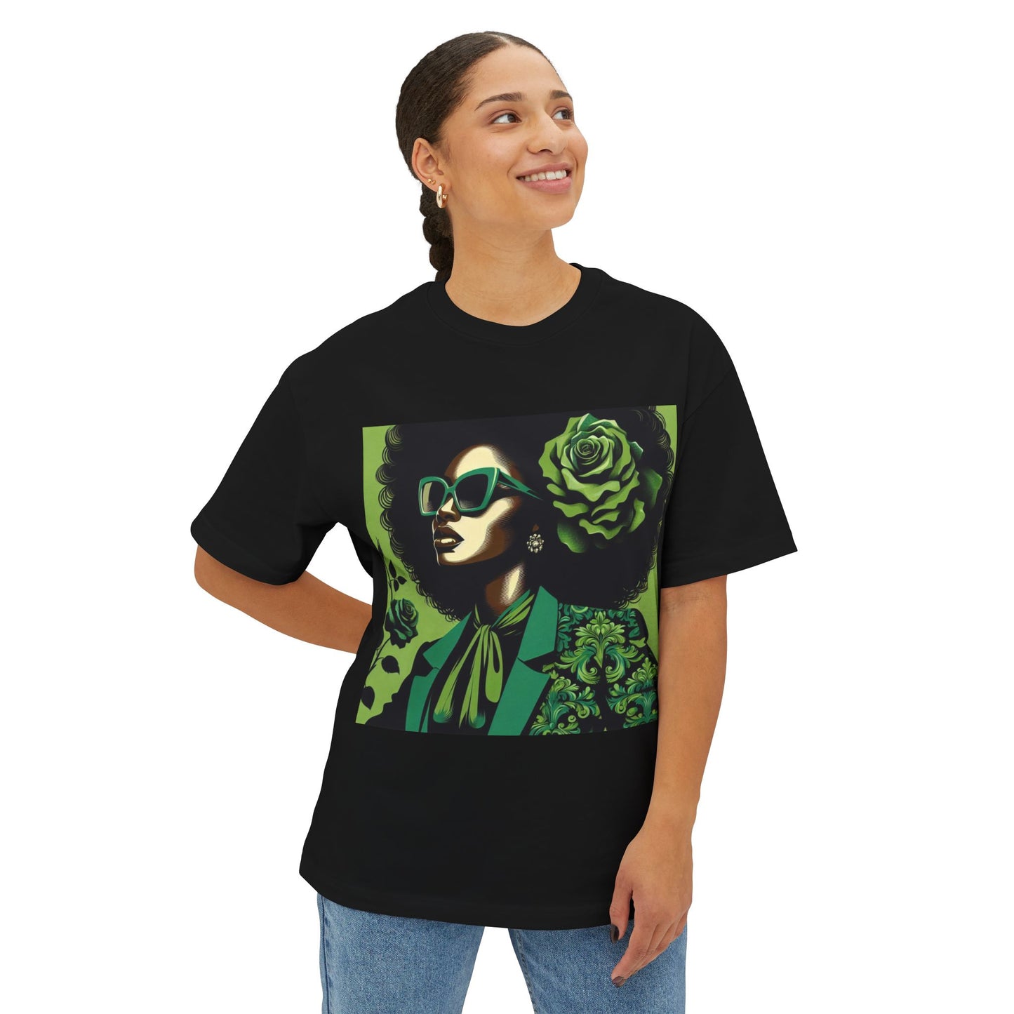 Chic Floral Statement Tee, Stylish Graphic Top, Fashion Gift, Oversized Fit, Trendy Apparel for Women - Lady in Green Damask