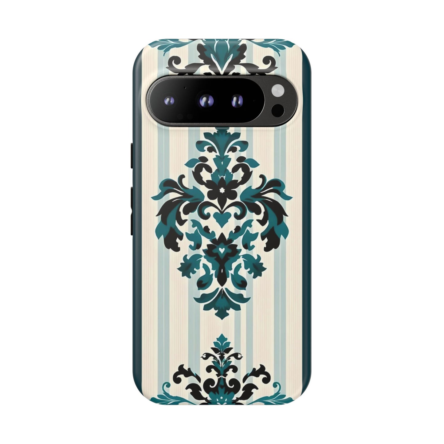 Elegant Floral Phone Case - Tough Cases with Vintage Design - Teal Striped Damask