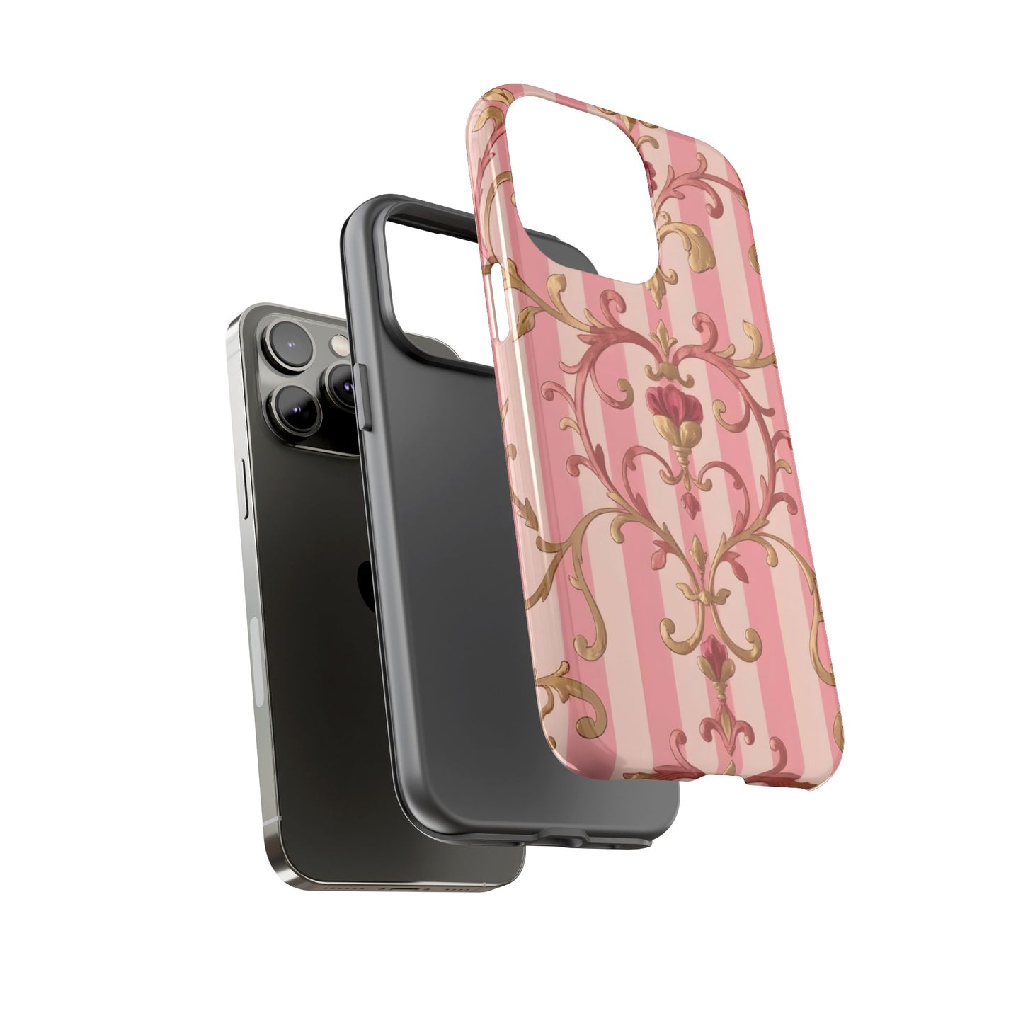 Elegant Floral Motif Phone Case - Tough Cases with Vintage Design - Pink Striped Rose Gold Damask