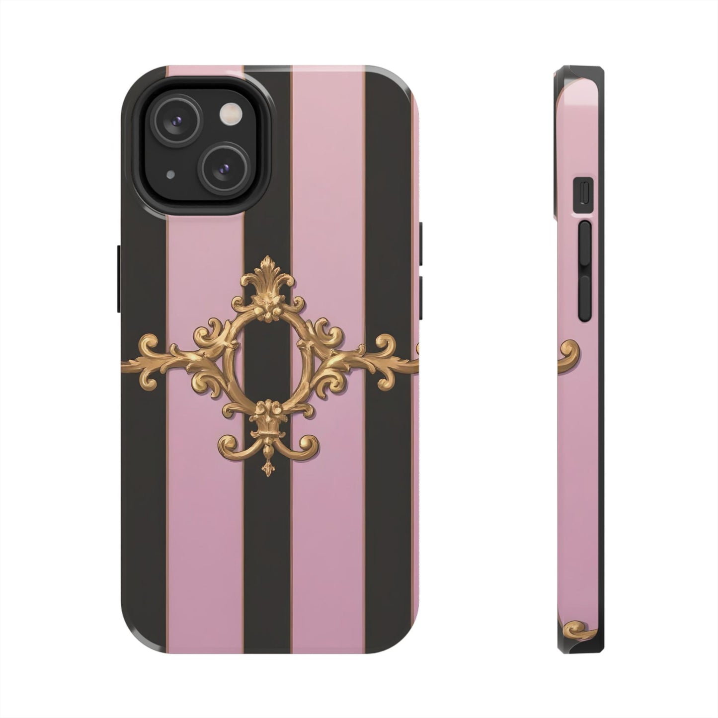 Stylish Tough Phone Case for Elegant Protection, Fashionable Accessories, Smartphone Cover - Matte Lavender & Black Striped Gold Baroque