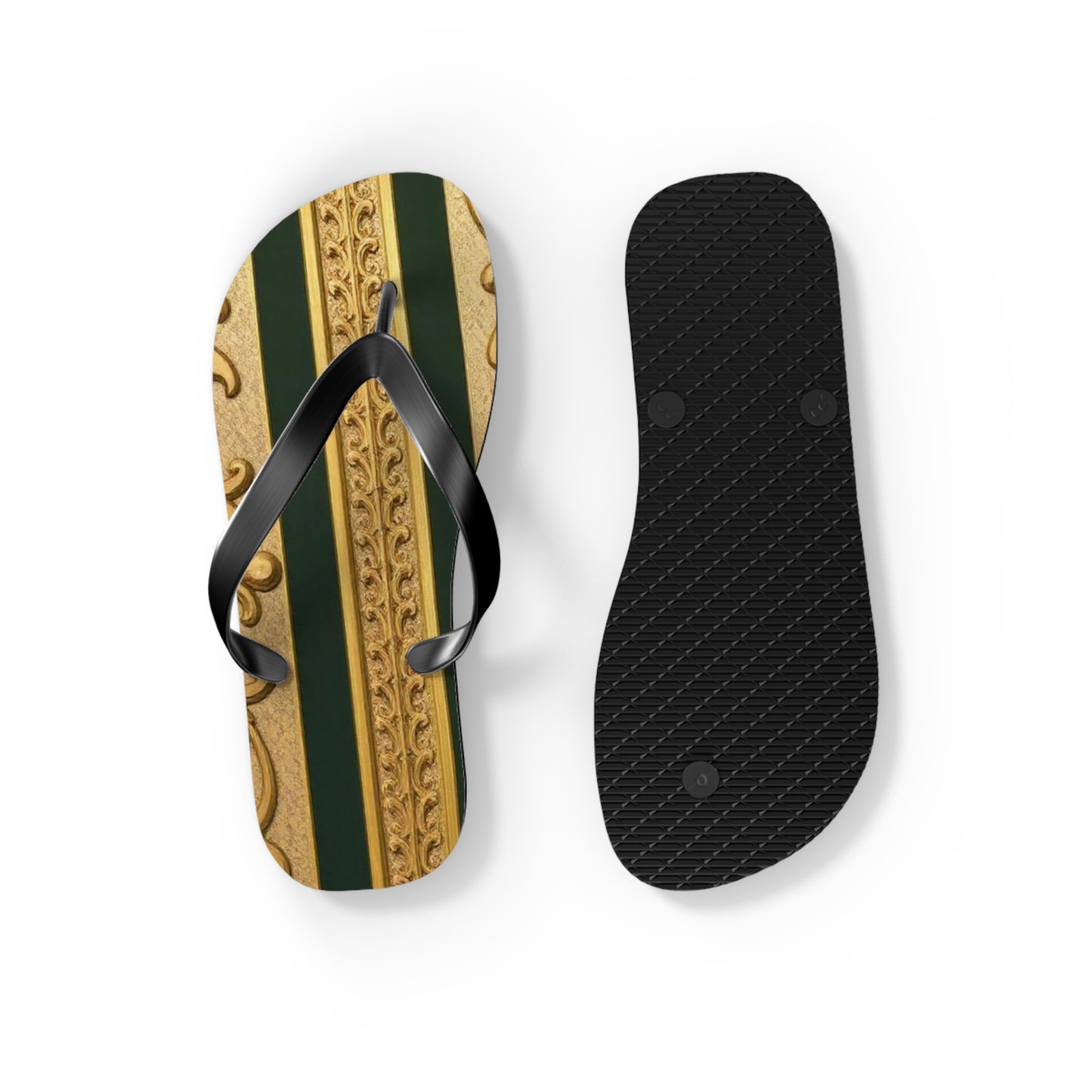 Elegant Teal Striped Gold Baroque Flip Flops, Summer Sandals, Beach Footwear, Vacation Essentials, Stylish Slippers, Poolside Accessories