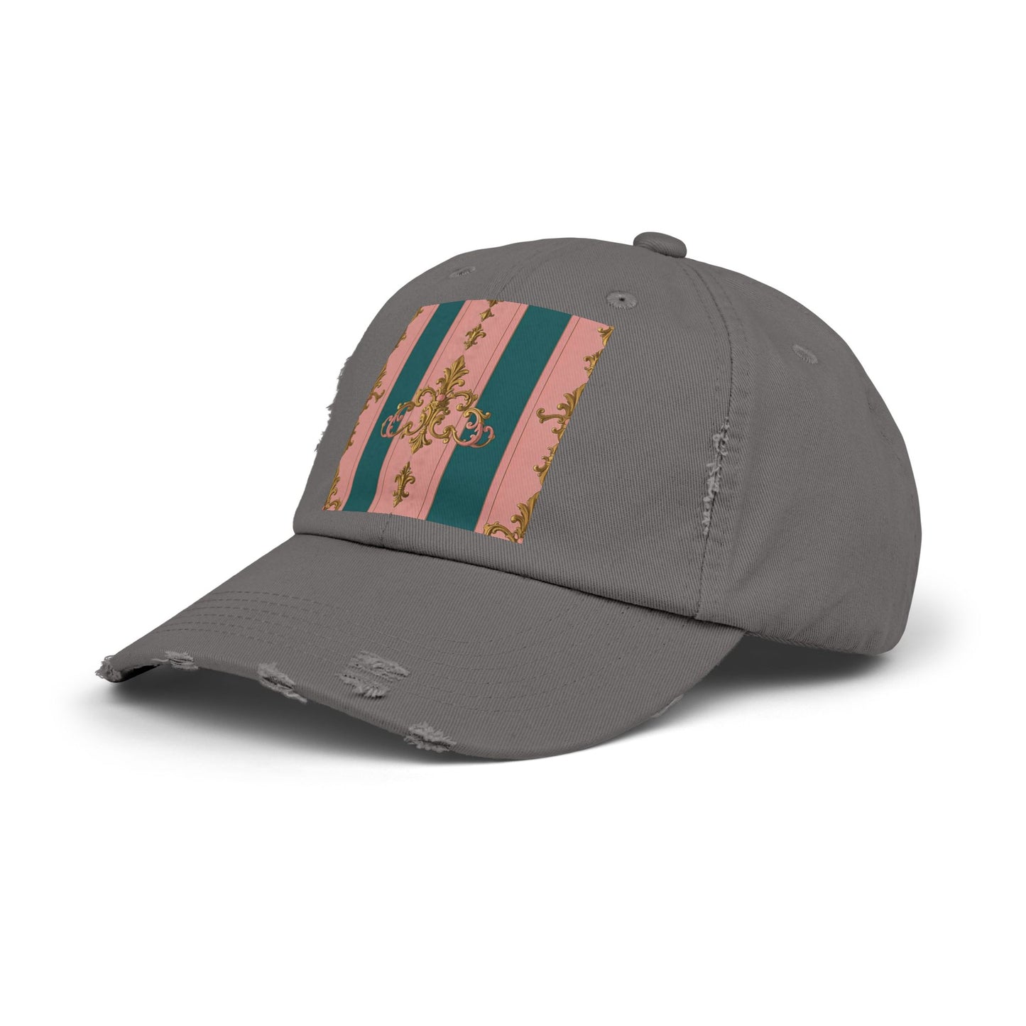 Chic Vintage Distressed Cap, Trendy Unisex Baseball Hat, Fashionable Everyday Wear - Pink & Teal Striped Gold Baroque