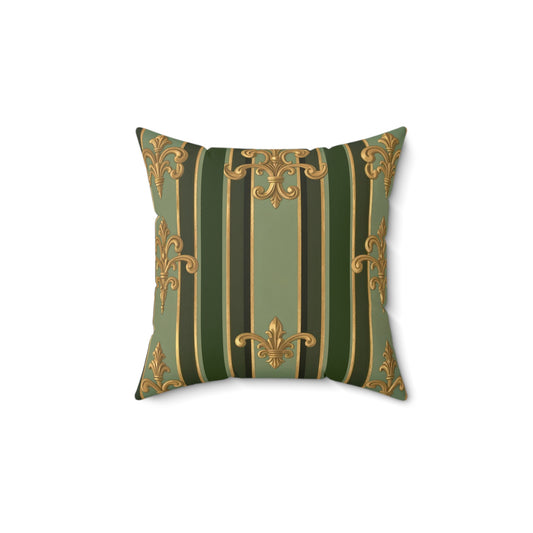Elegant Faux Suede Square Pillow, Luxury Home Decor, Decorative Throw Cushion, Vintage Style Accent Pillow - Green Striped Gold Baroque