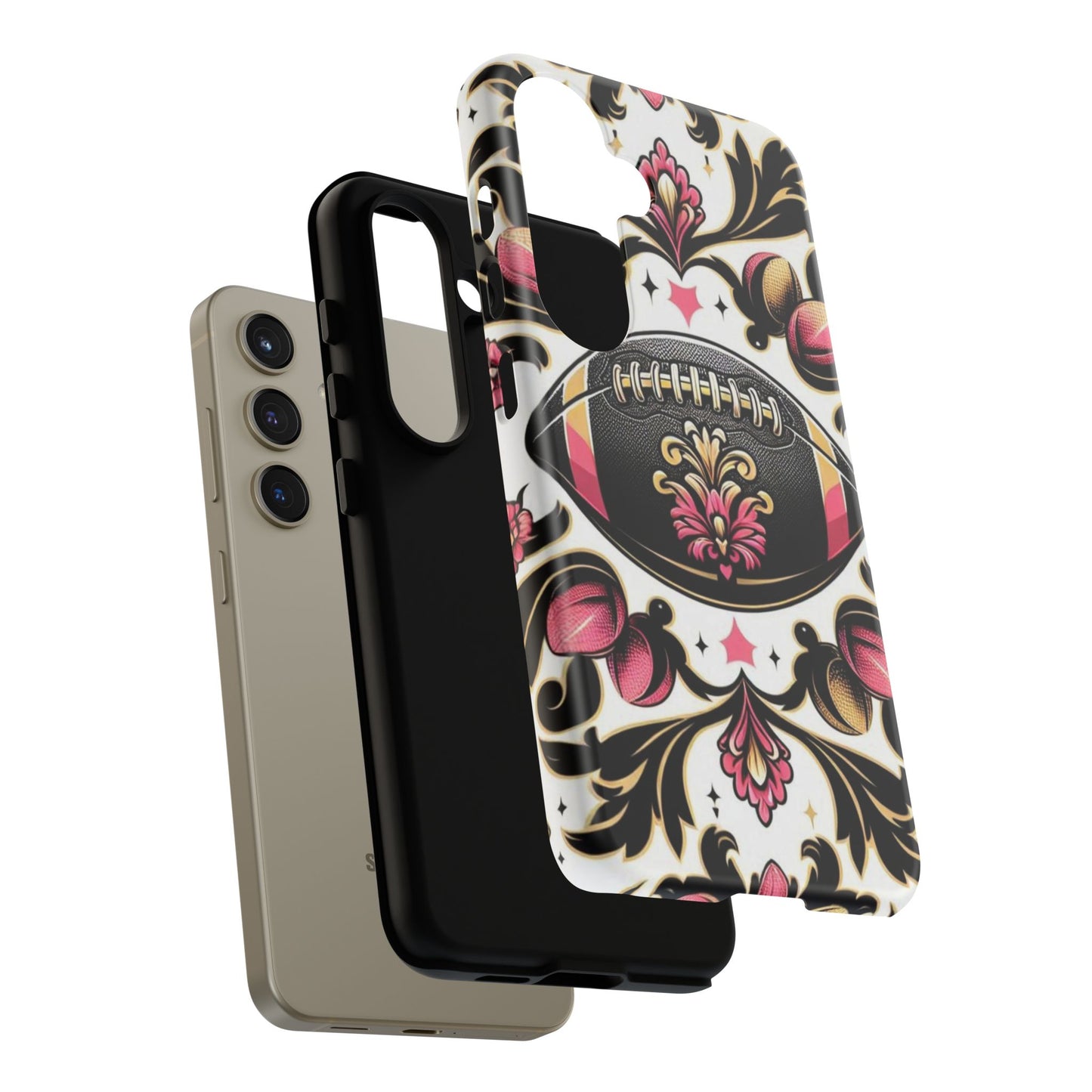 Elegant Floral Motif Phone Case - Tough Cases with Vintage Design - Damask White, Pink Gold & Black Football