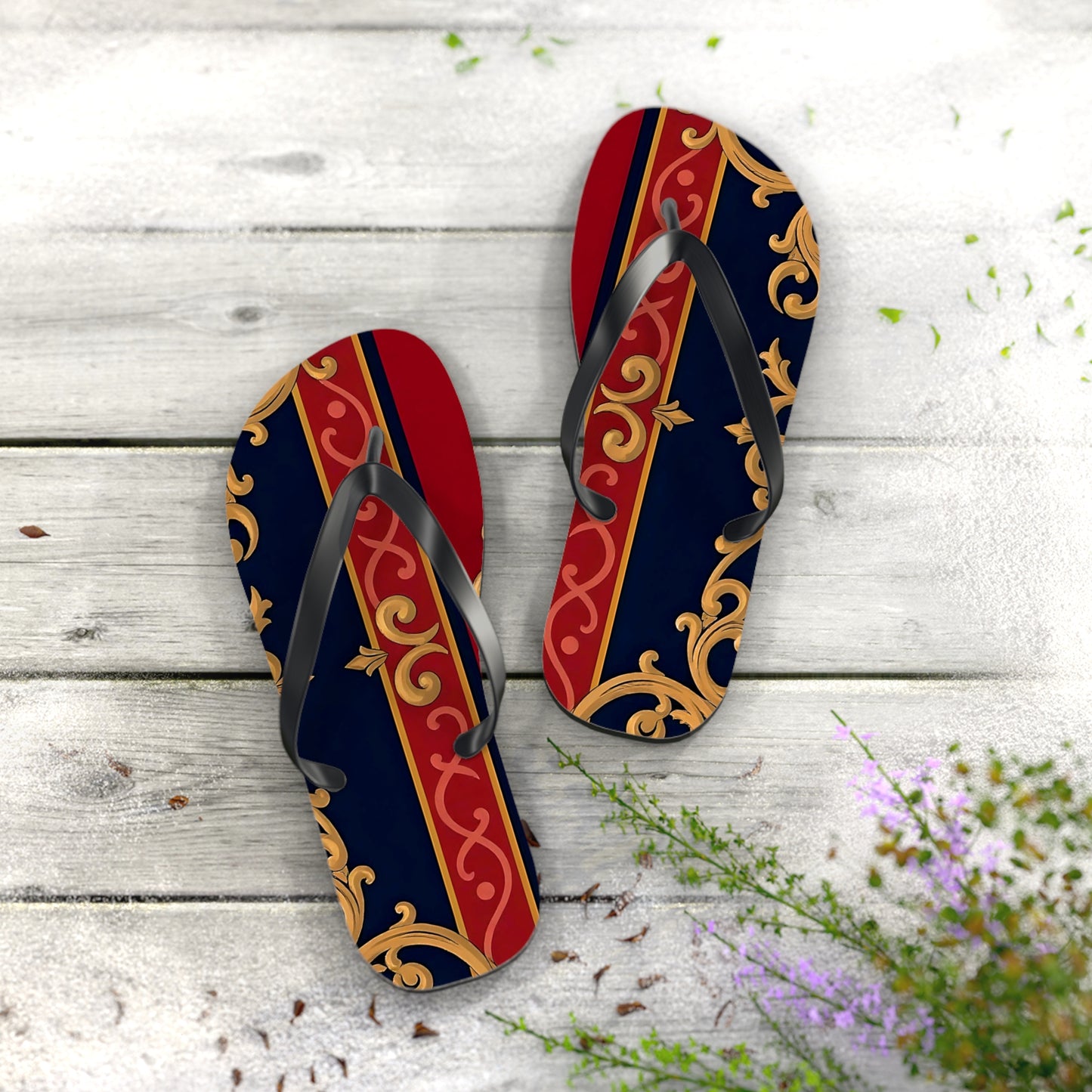 Elegant Vintage Flip Flops, Stylish Summer Footwear, Beachwear Accessories, Vacation Essentials - Midnight Blue & Dusk Red Gold Baroque