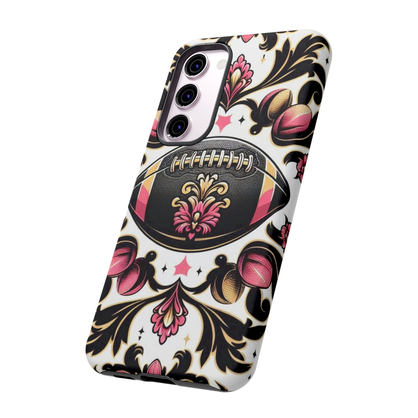 Elegant Floral Motif Phone Case - Tough Cases with Vintage Design - Damask White, Pink Gold & Black Football