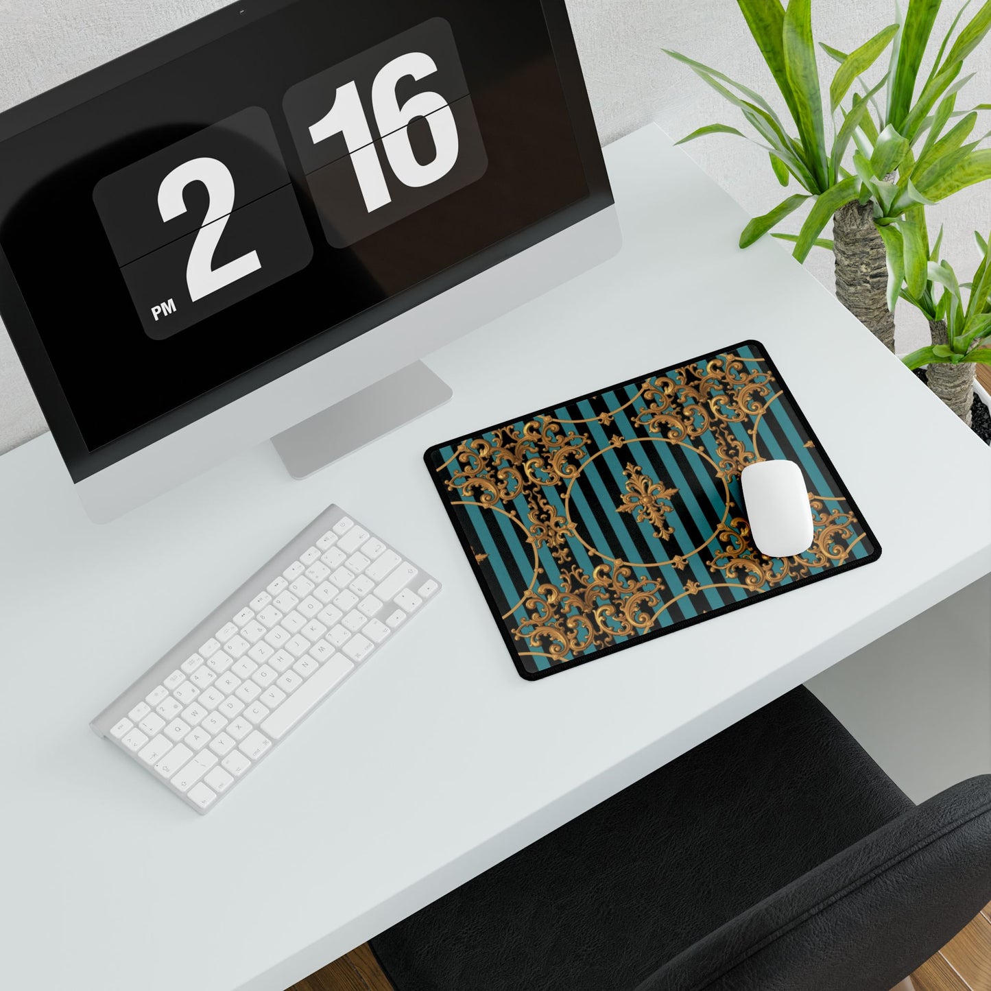 Elegant Turquoise & Black Striped Gold Baroque Desk Mats for Home Office, Stylish Mouse Pads, Luxe Desk Decor, Gifts for Professionals
