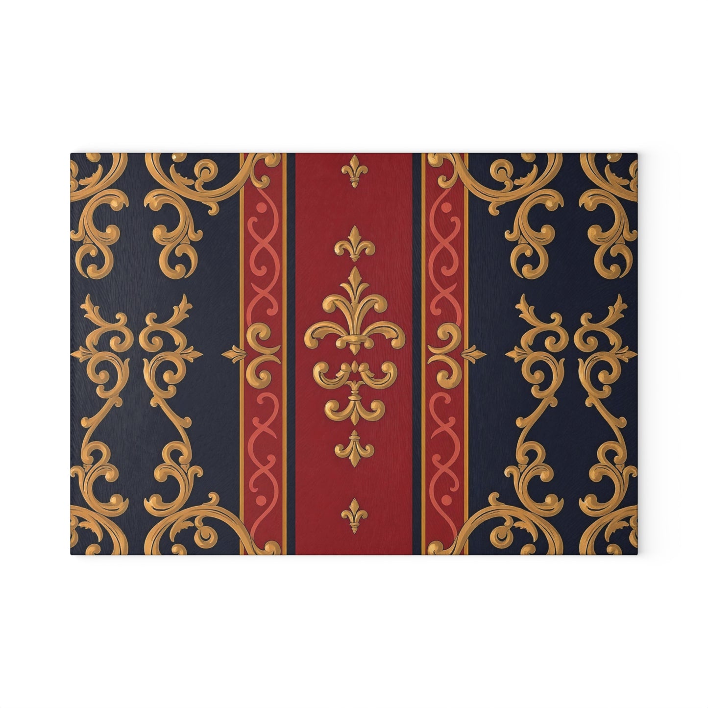 Elegant Ornate Glass Cutting Board, Kitchen Decor, Elegant Serving Tray, Housewarming Gift, Gourmet Cooking Essential - Midnight Blue & Dusk Red Gold Baroque