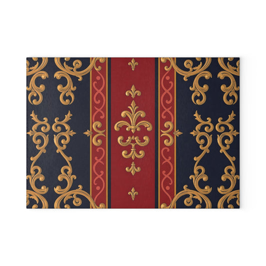 Elegant Ornate Glass Cutting Board, Kitchen Decor, Elegant Serving Tray, Housewarming Gift, Gourmet Cooking Essential - Midnight Blue & Dusk Red Gold Baroque