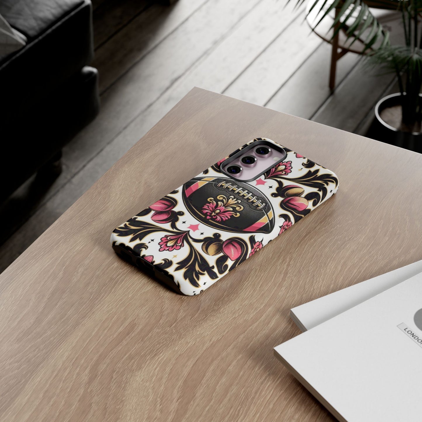 Elegant Floral Motif Phone Case - Tough Cases with Vintage Design - Damask White, Pink Gold & Black Football