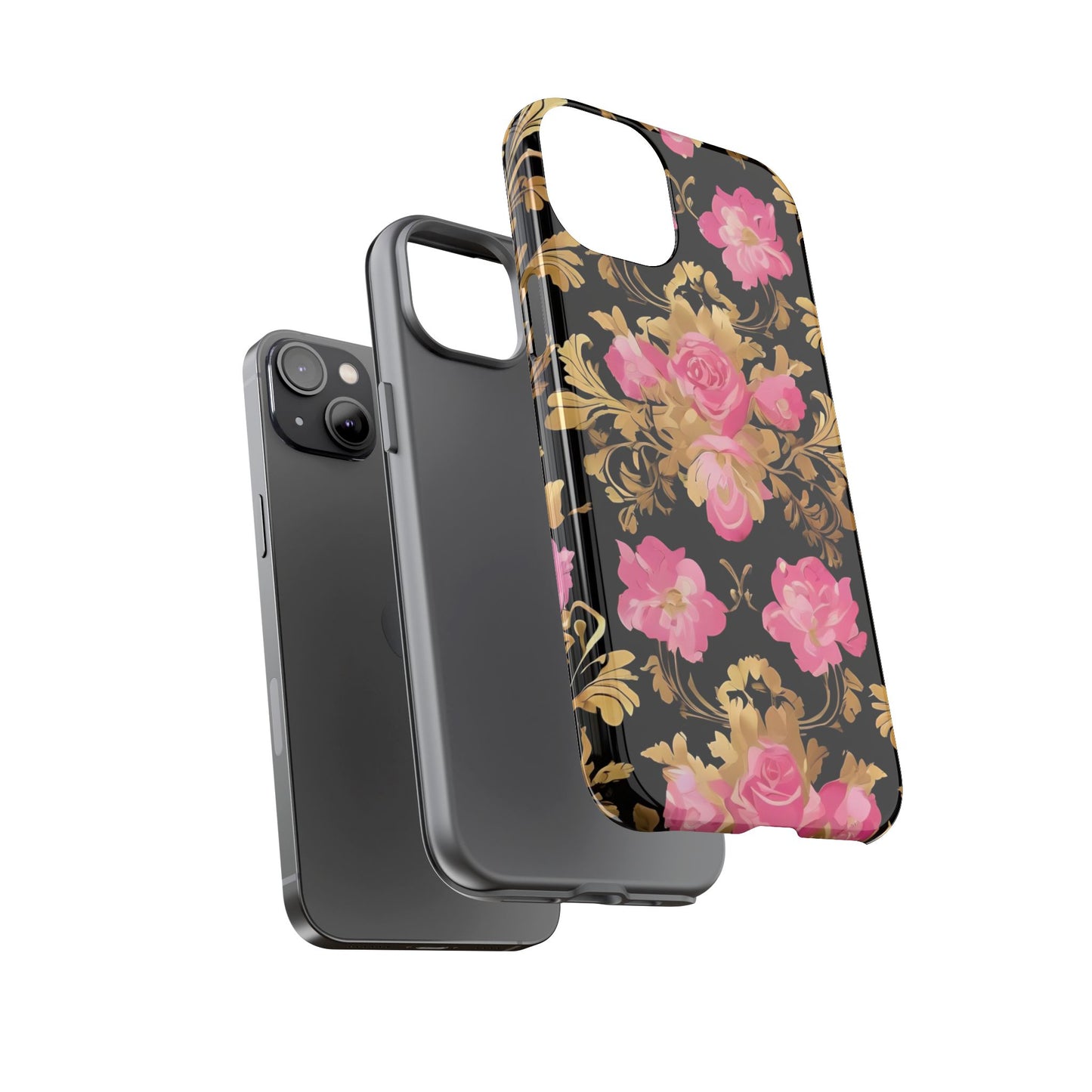 Elegant Floral Motif Phone Case - Tough Cases with Vintage Design - Pink & Gold Roses