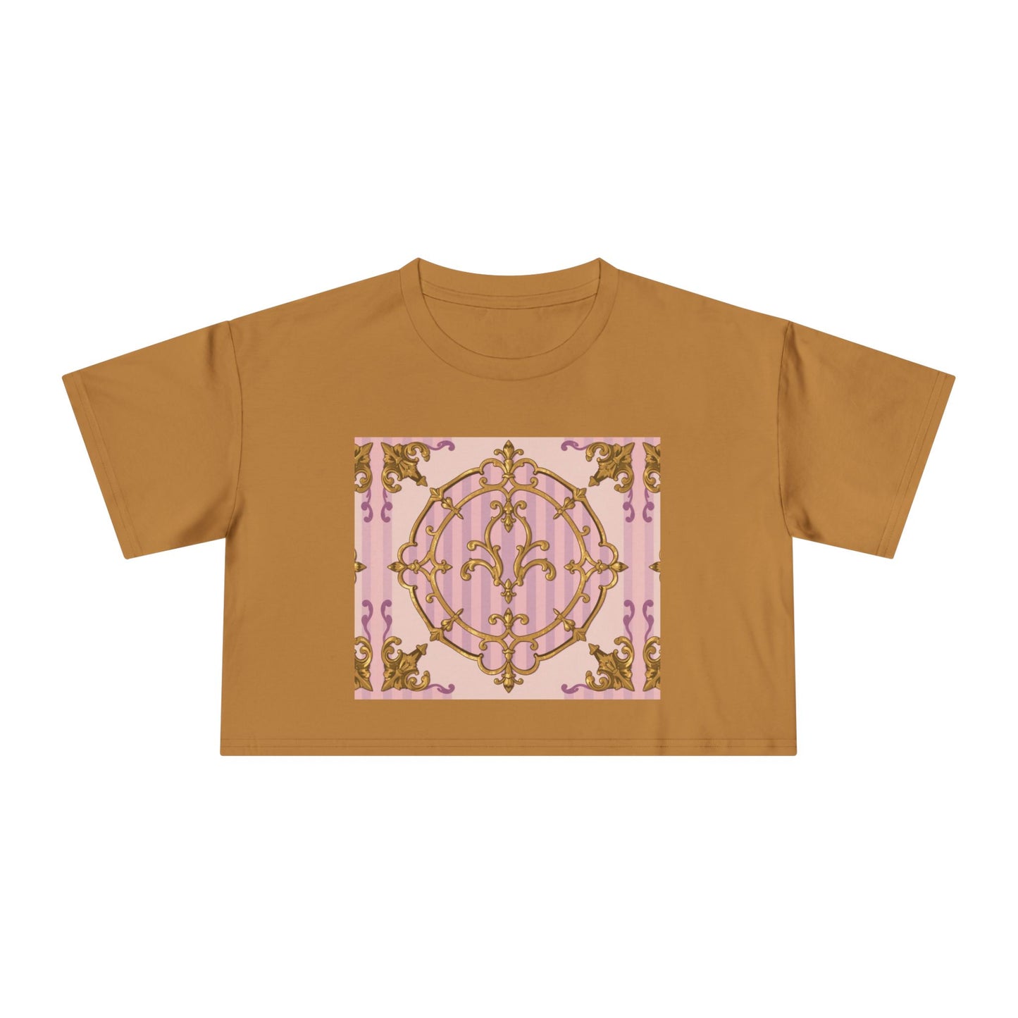 Chic Women's Crop Tee with Elegant Lavender & Alabaster Striped Gold Baroque Print - Perfect for Fashionistas, Festivals, Gifts, Summer Wear