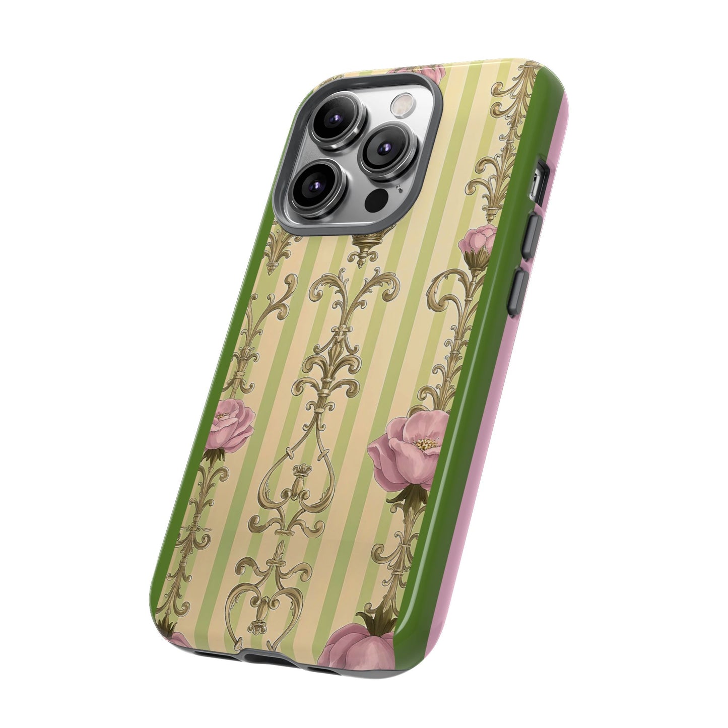 Elegant Floral Motif Phone Case - Tough Cases with Vintage Design - Lime Green & Pink Striped Damask