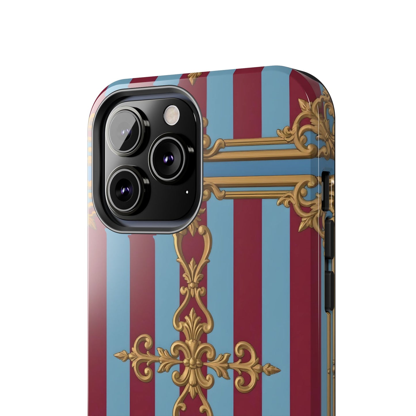 Elegant Patterned Tough Phone Cases, Stylish Phone Cover, Durable Phone Protection, Unique Gift Idea - Sky Blue & Maroon Striped Baroque