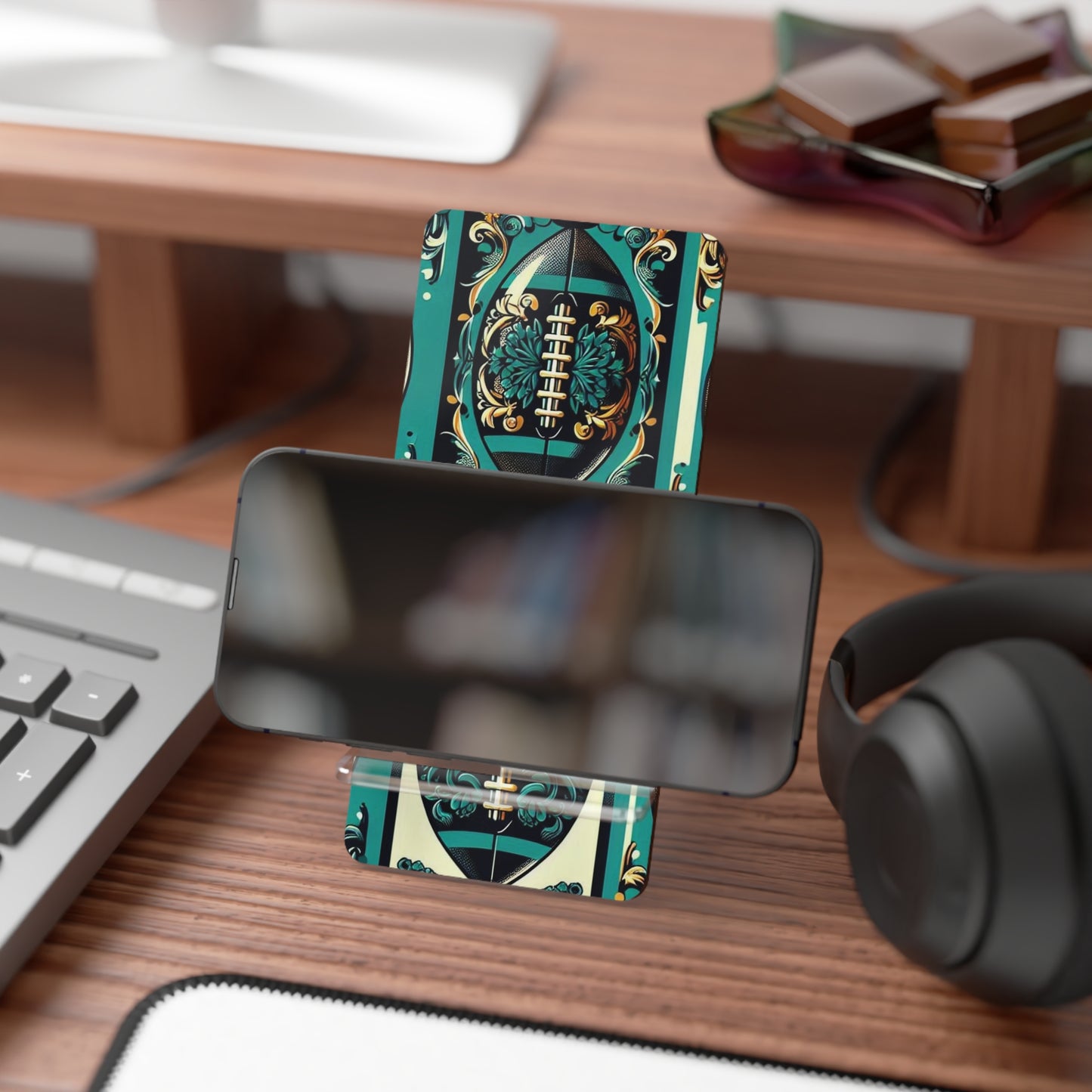 Copy of Elegant Floral Motif Smartphone Display Stand - Damask Teal, Gold & Black Football - Decorative Mobile Holder