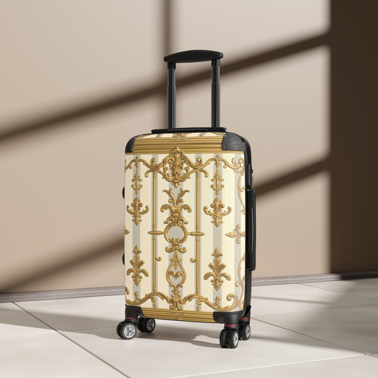 Elegant Travel Suitcase with Vintage Gold Design, Stylish Luggage, Fashionable Carry-On, Travel Gifts - Matte Gray & Cream Striped Gold Baroque
