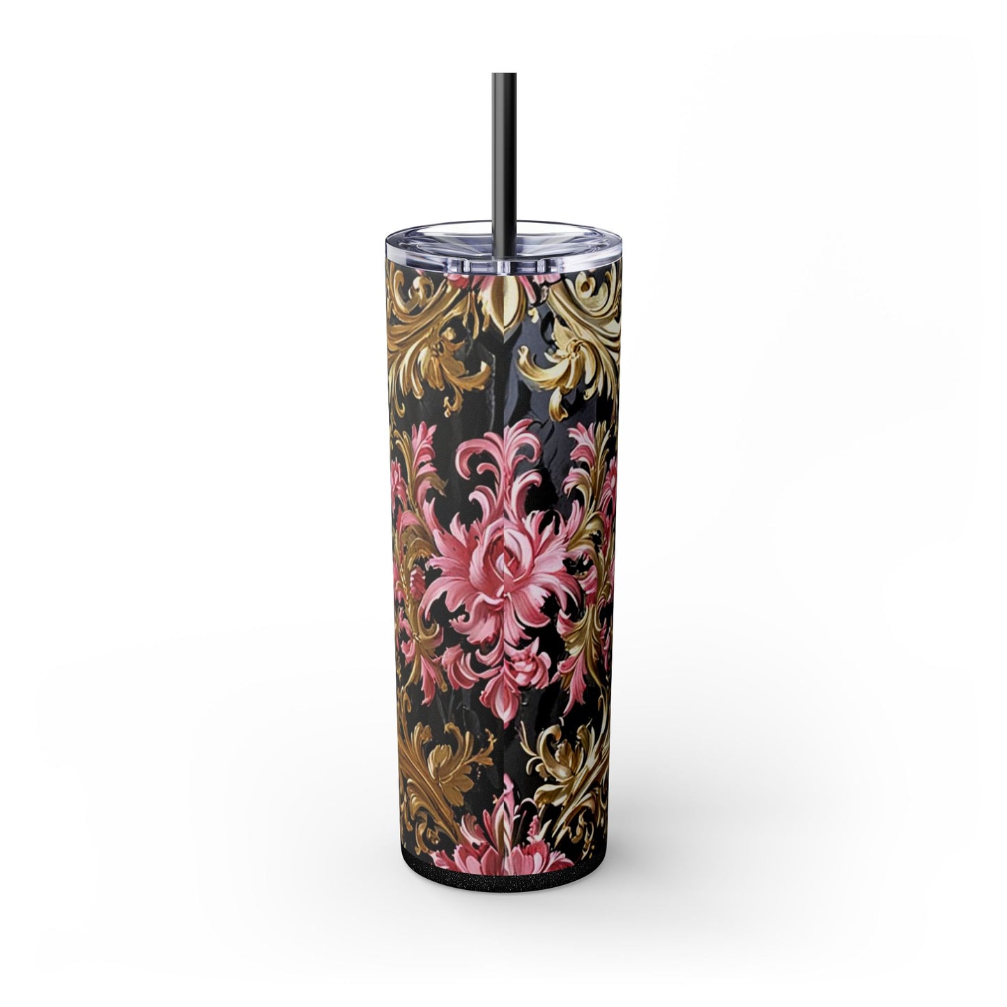 Chic Floral Skinny Tumbler with Straw, 20oz - Elegant Drinkware for Tea Lovers, Travel Mugs, Gifts for Her - Black & Pink Oil Painting Style Rococo