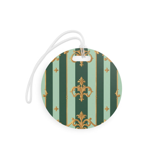 Elegant Vintage Luggage Tags, Travel Accessories, Personalized Baggage Tags, Gift for Travelers - Mint Green & Teal Striped Gold Baroque