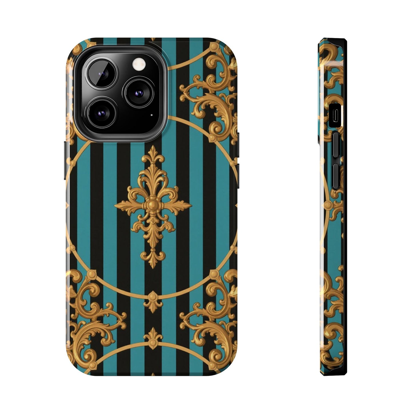 Elegant Turquoise & Black Striped Gold Baroque Phone Case, Tough Phone Cases for Fashion Lovers, Gift for Her, Luxury Accessories