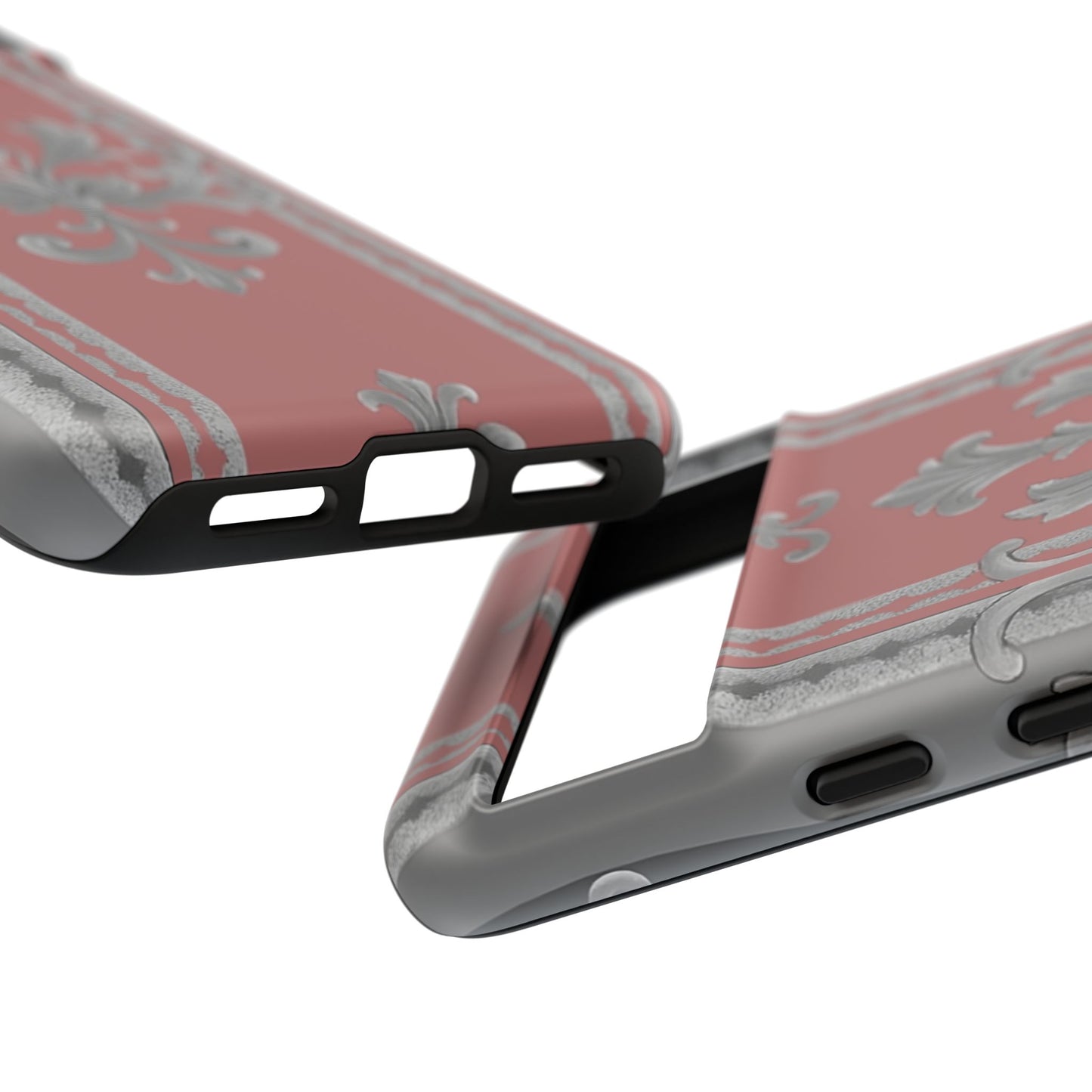 Elegant Floral Phone Case - Tough Cases for Stylish Protection - Gray & Mauve Striped Baroque