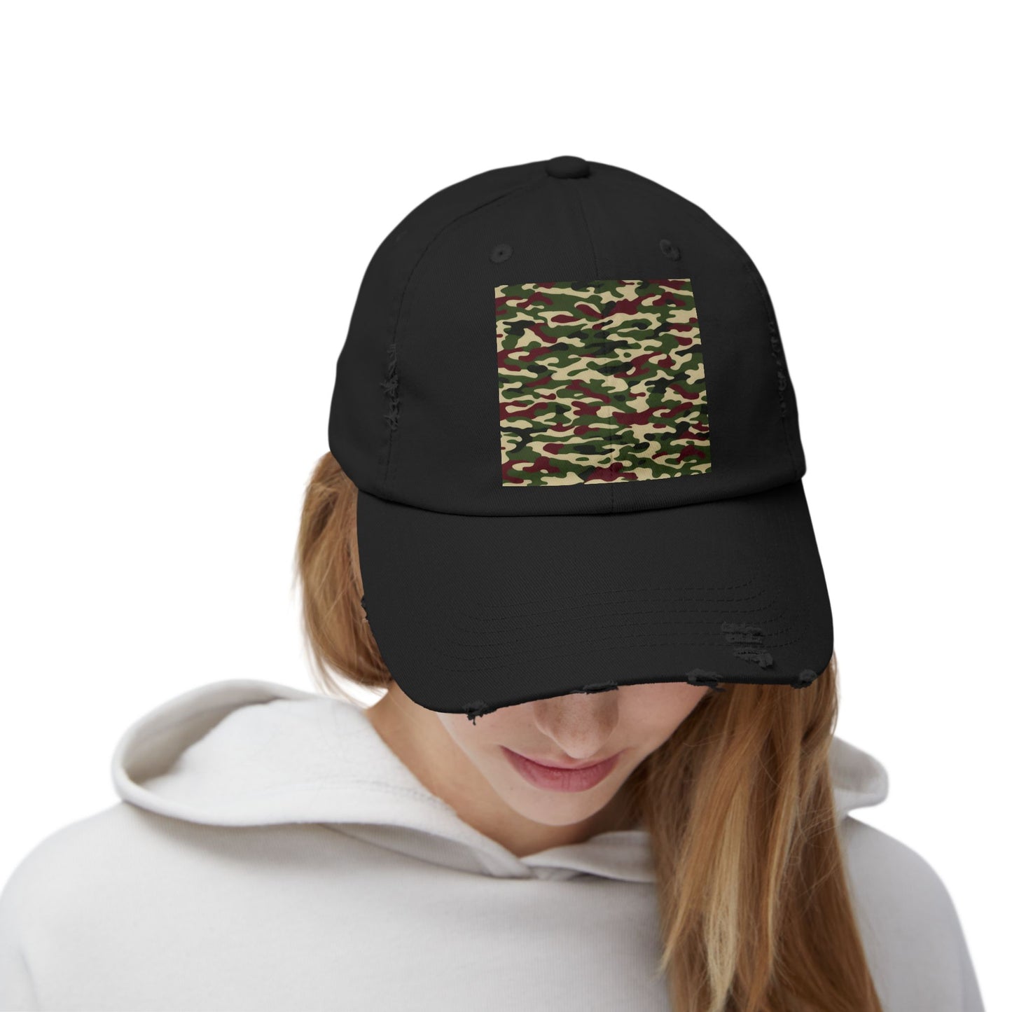 Camo Distressed Cap | Unisex Fashion Hat, Trendy Outdoor Accessory, Gift for Him/Her, Casual Wear, Sports Cap - Army Green & Burgundy Camo