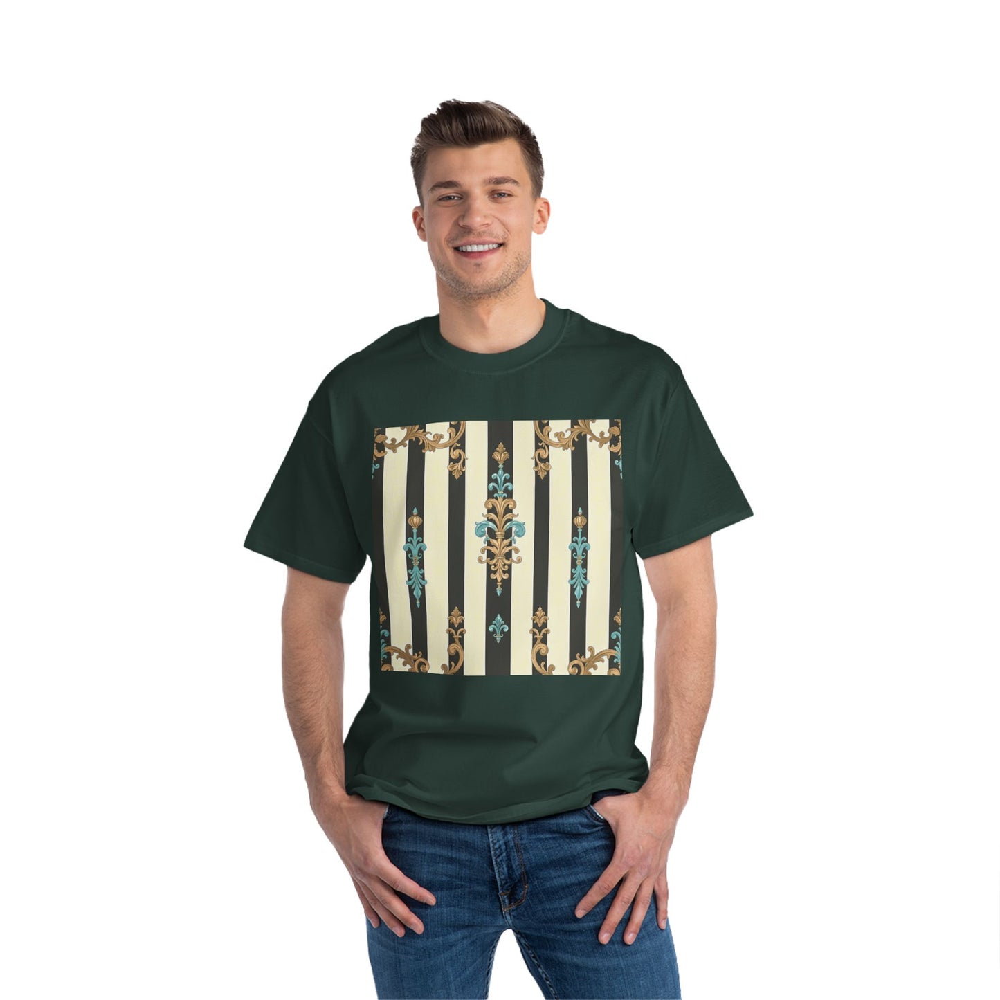 Elegant Floral Pattern Tee, Vintage Style T-Shirt, Gift for Her, Casual Outfit - Black Striped Turquoise & Black Rococo