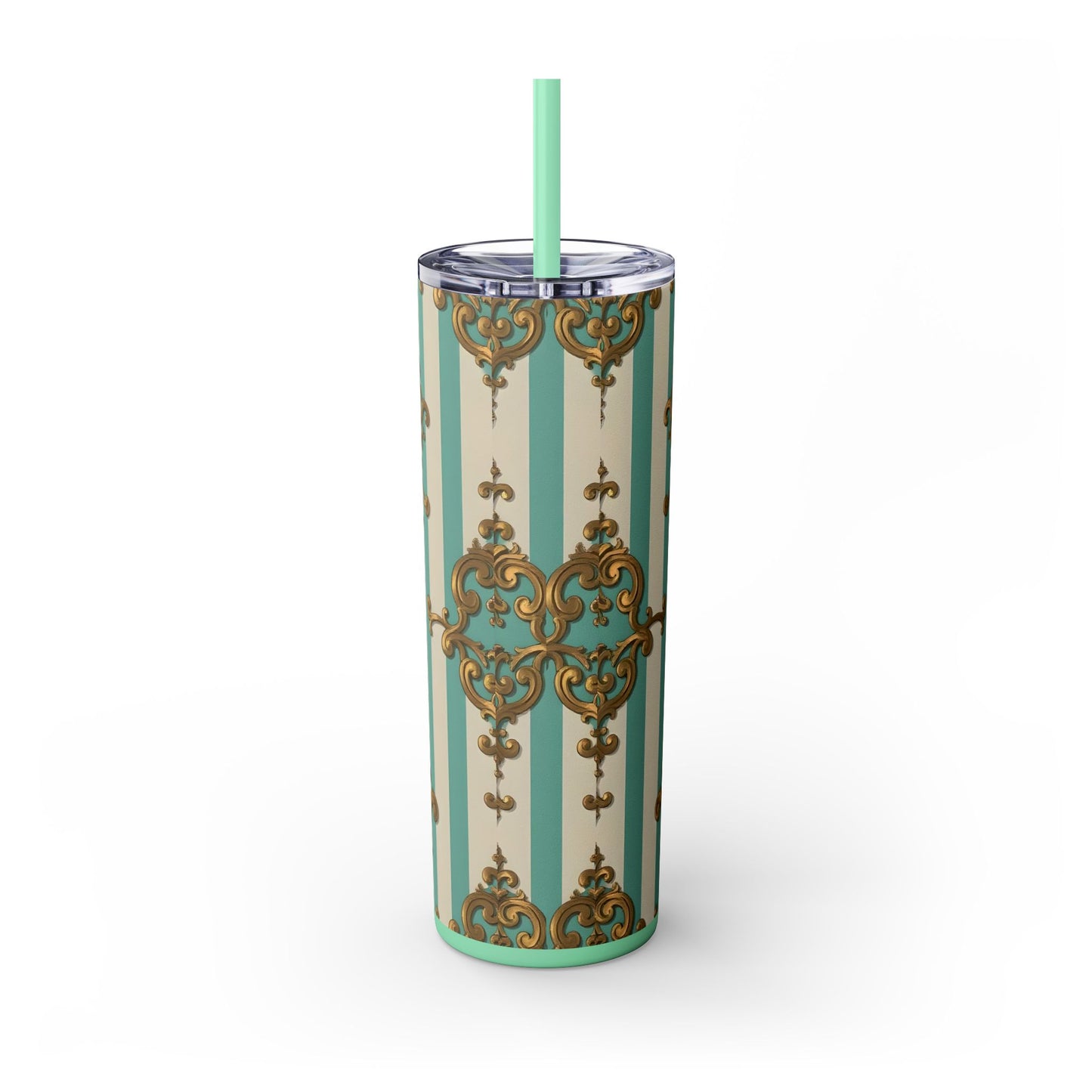 Elegant Vintage Skinny Tumbler with Straw, 20oz, Stylish Drinkware, Perfect Gift for Home, Coffee Lovers - Matte Green Striped Rococo