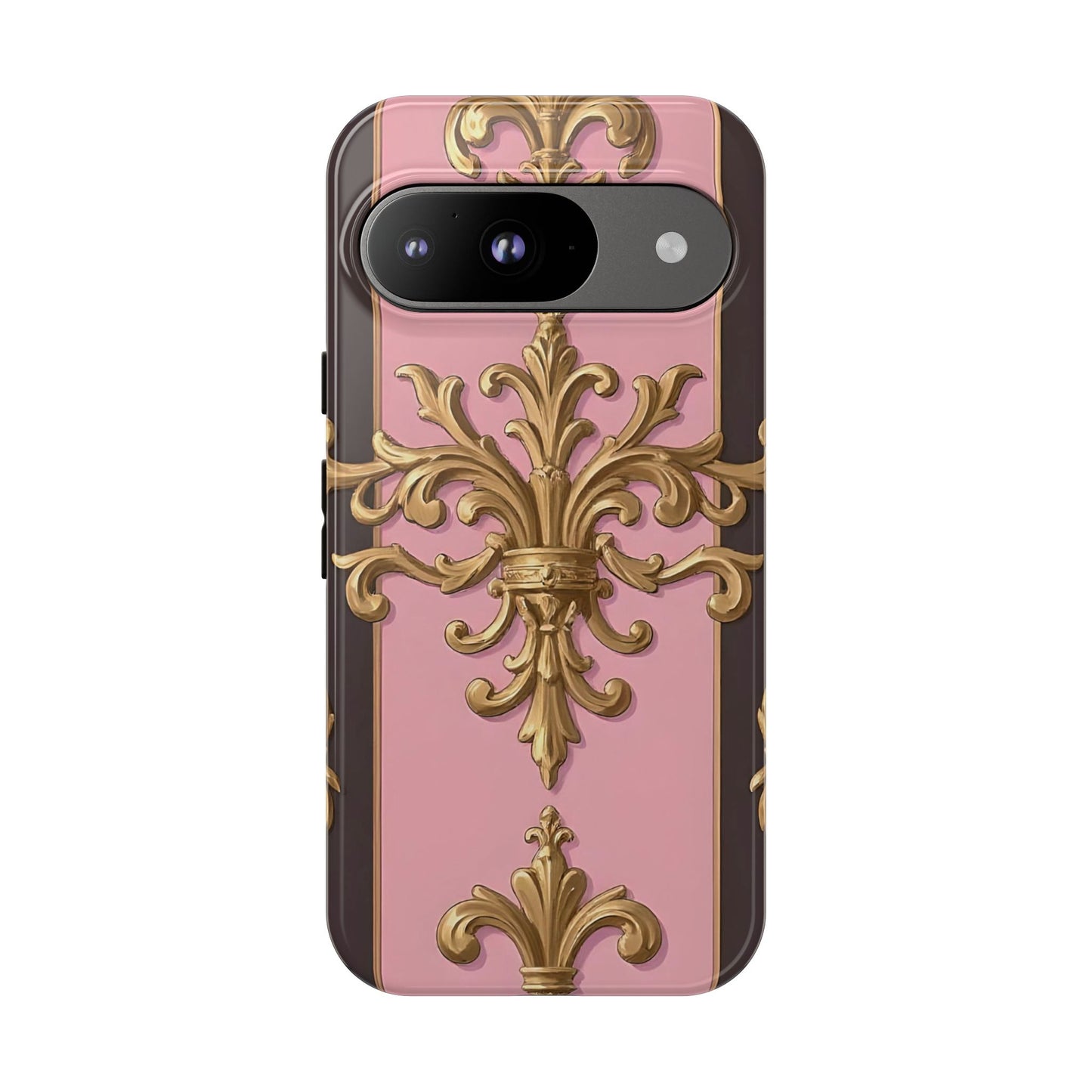 Elegant Floral Motif Phone Case - Tough Cases with Vintage Design - Pink & Brown Striped Gold Damask