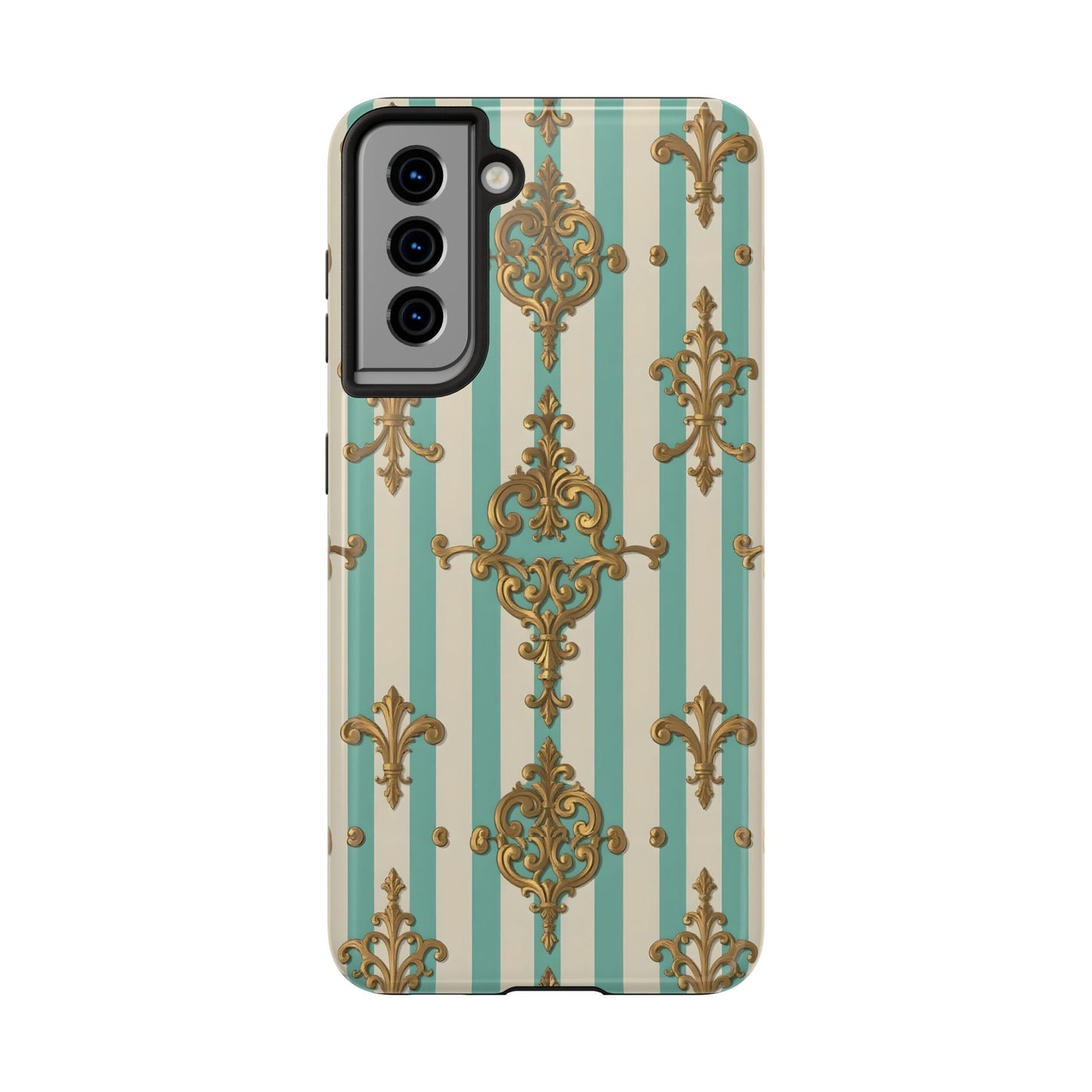 Elegant Striped Phone Case with Vintage Design, Tough Phone Cover, Stylish Smartphone Case - Matte Green Striped Rococo
