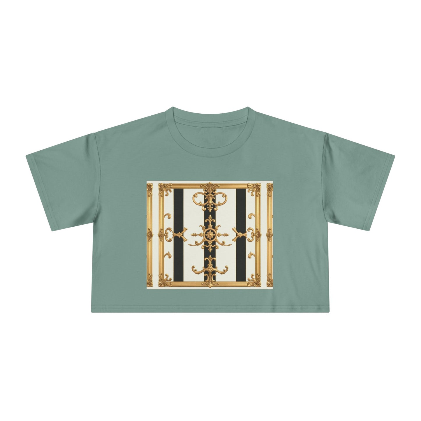 Chic Gold Baroque Women's Crop Tee, Stylish Summer Top, Fashionable Gift for Her, Casual Fashion - Black & White Striped Gold Baroque