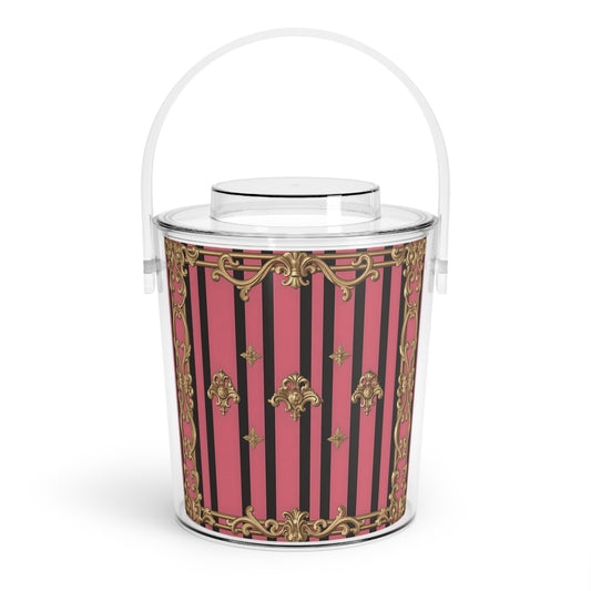 Elegant Ice Bucket with Tongs, Vintage Style Party Decor, Bridal Shower Gift, Luxury Home Bar Accessory - Pink Striped Gold Rococo
