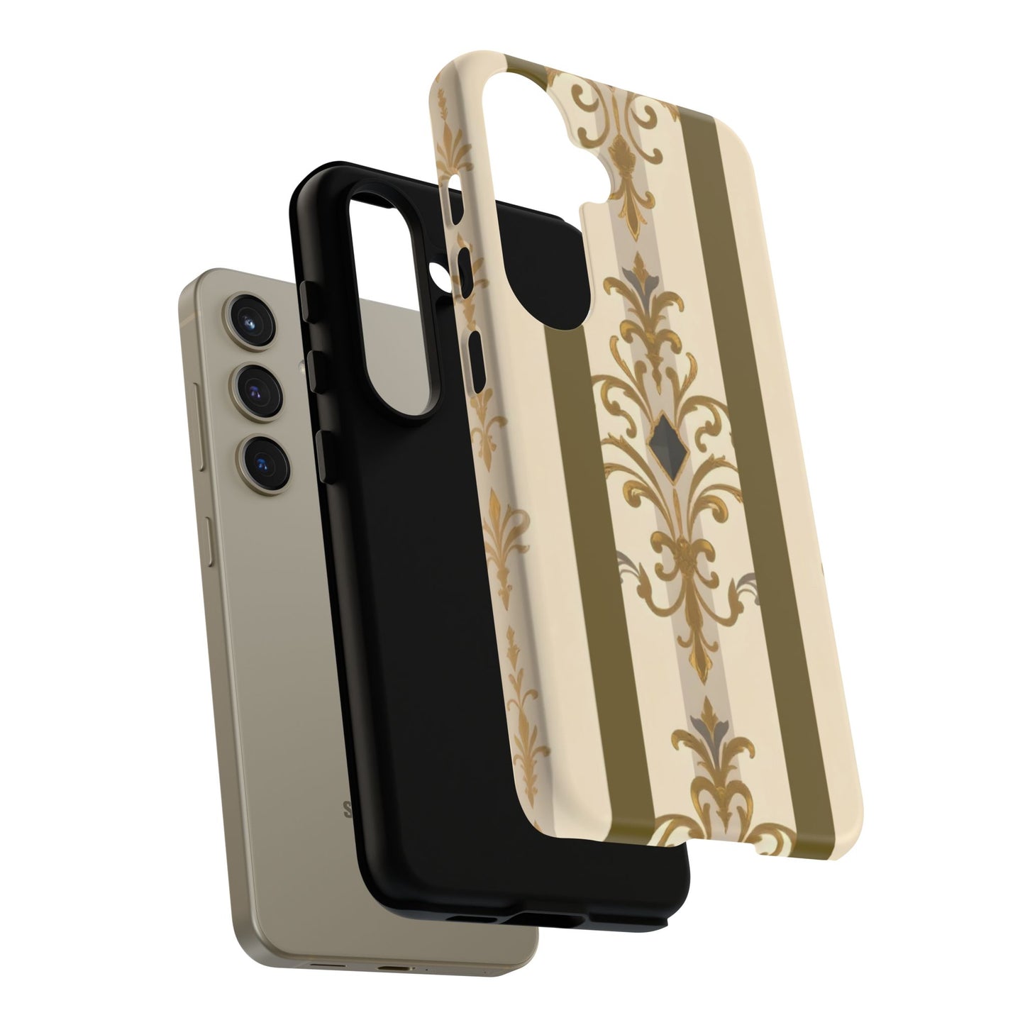 Elegant Floral Motif Phone Case - Tough Cases with Vintage Design - Olive Striped Gold Damask