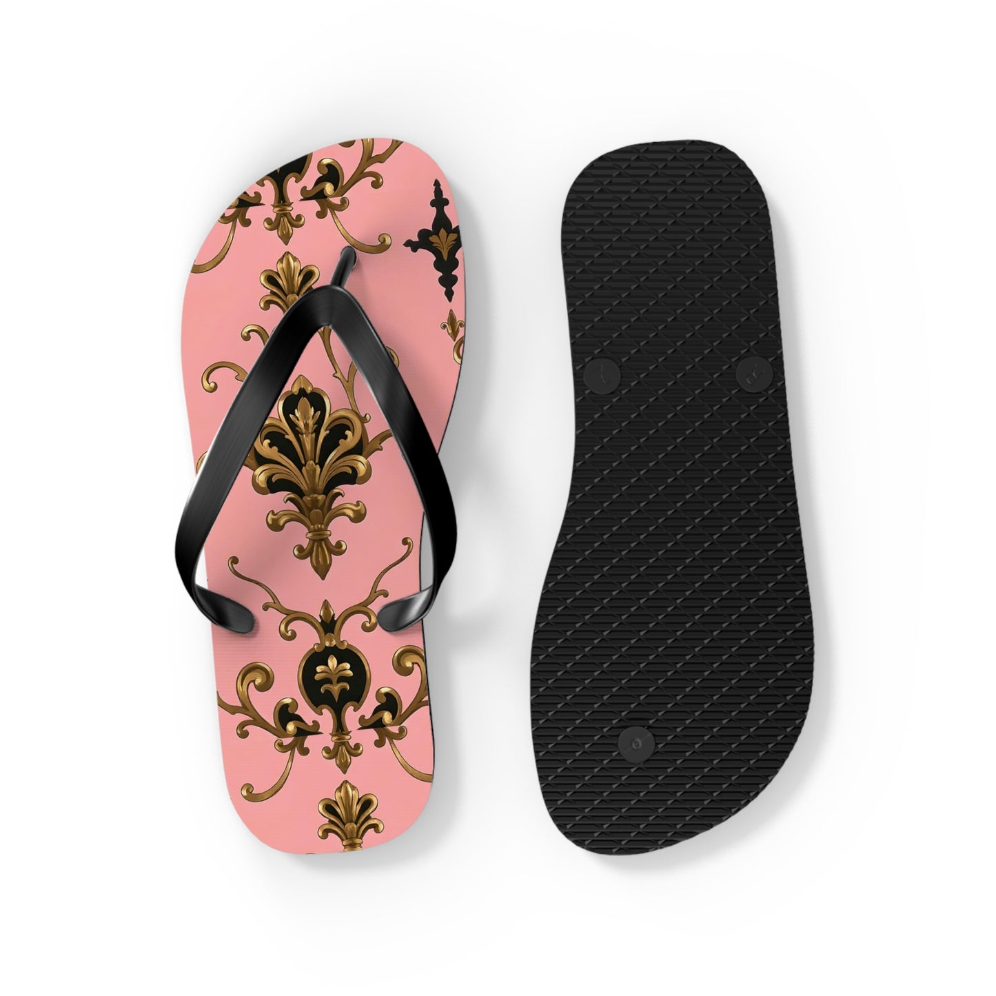 Stylish Flip Flops with Elegant Pink Design, Summer Footwear, Beach Sandals, Vacation Essentials - Pink, Black & Gold Rococo