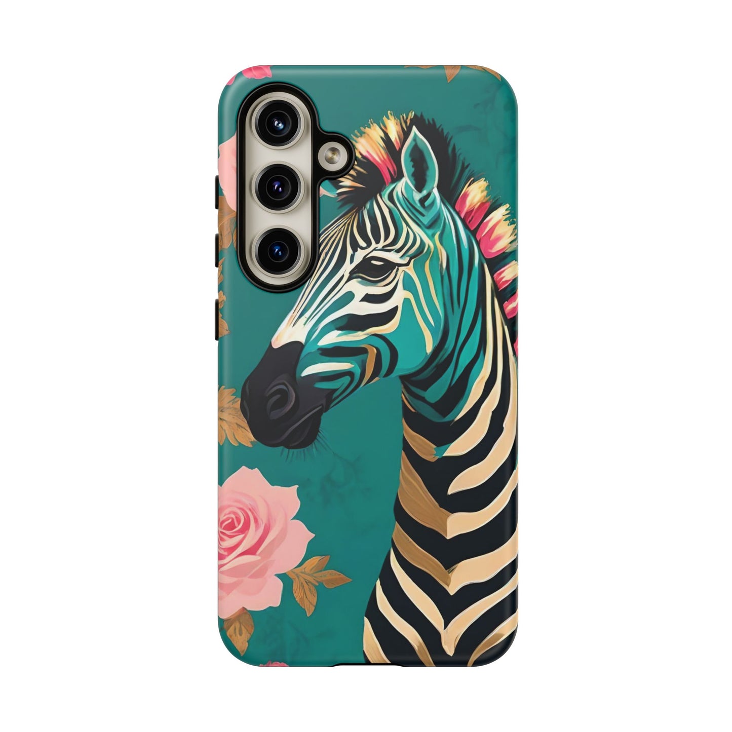 Phone Case - Elegant Teal & Gold Zebra & Roses Design