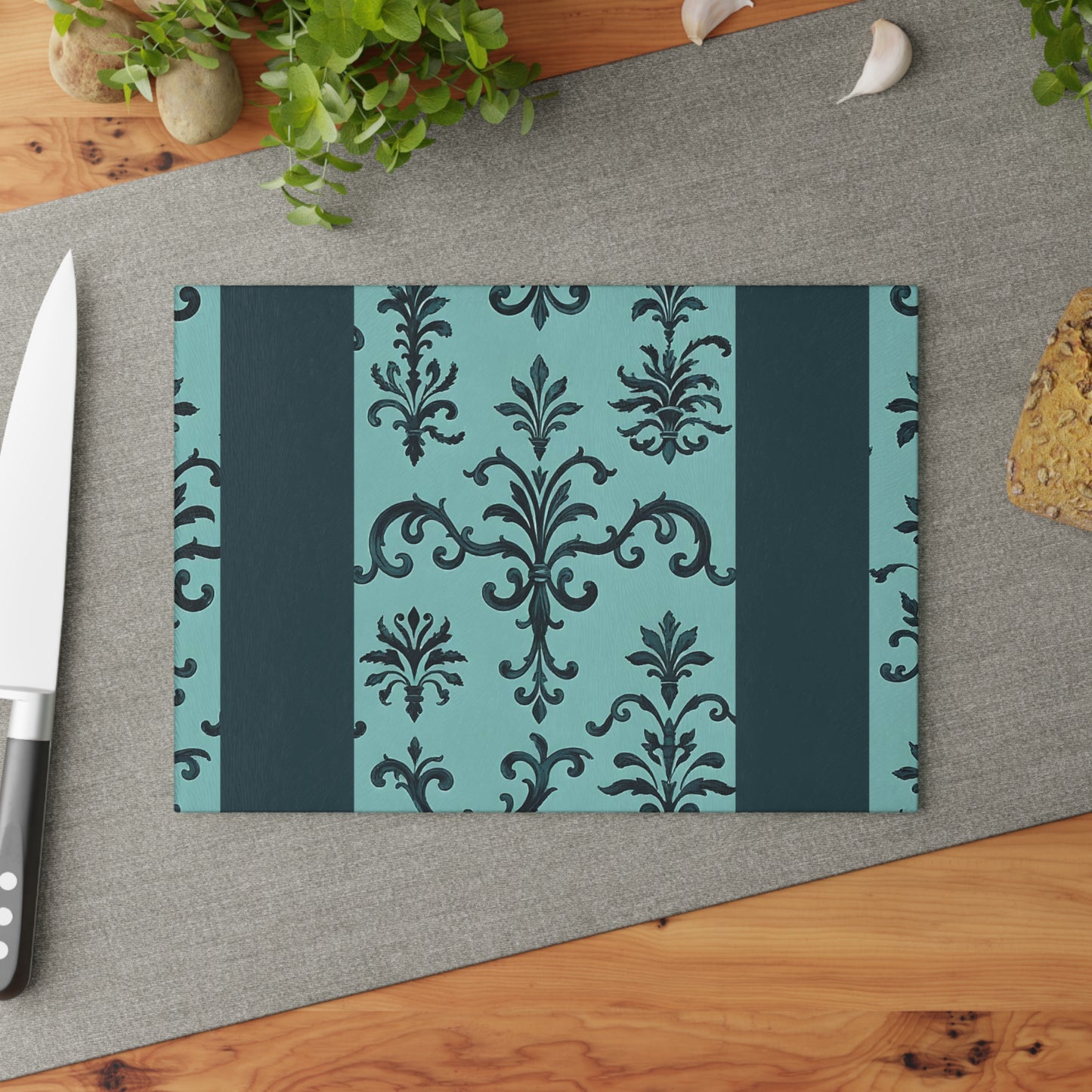 Elegant Glass Cutting Board - Kitchen Decor, Wedding Gift, Home Cooking, Stylish Homeware, Gift for Chefs - Teal Striped Rococo
