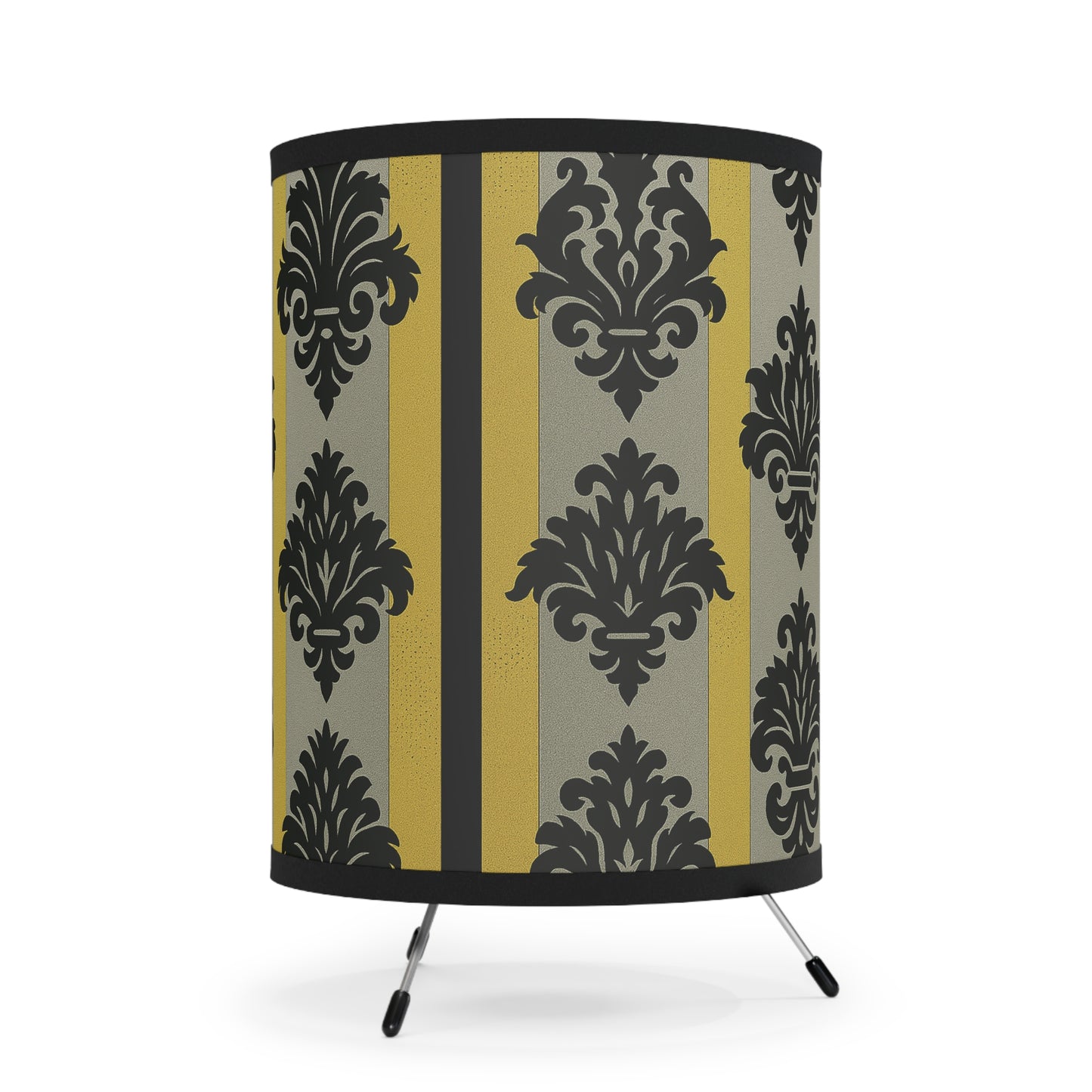 Elegant Tripod Lamp with High-Res Printed Damask Shade, Handmade Home Decor, Cozy Lighting - - Silver & Gold Striped Black Baroque