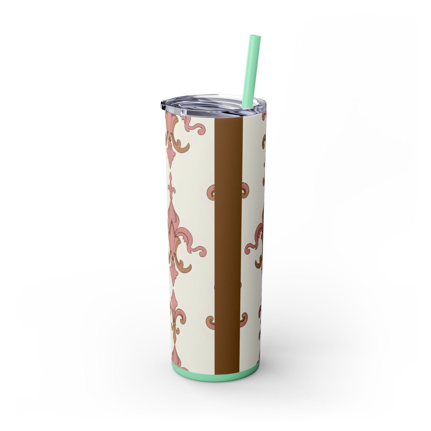 Elegant Floral Skinny Tumbler, 20oz Drinkware, Stylish Travel Mug, Wedding Gift, Personalized Gift, Eco-Friendly Cup - Brown Striped Pink Arabesque