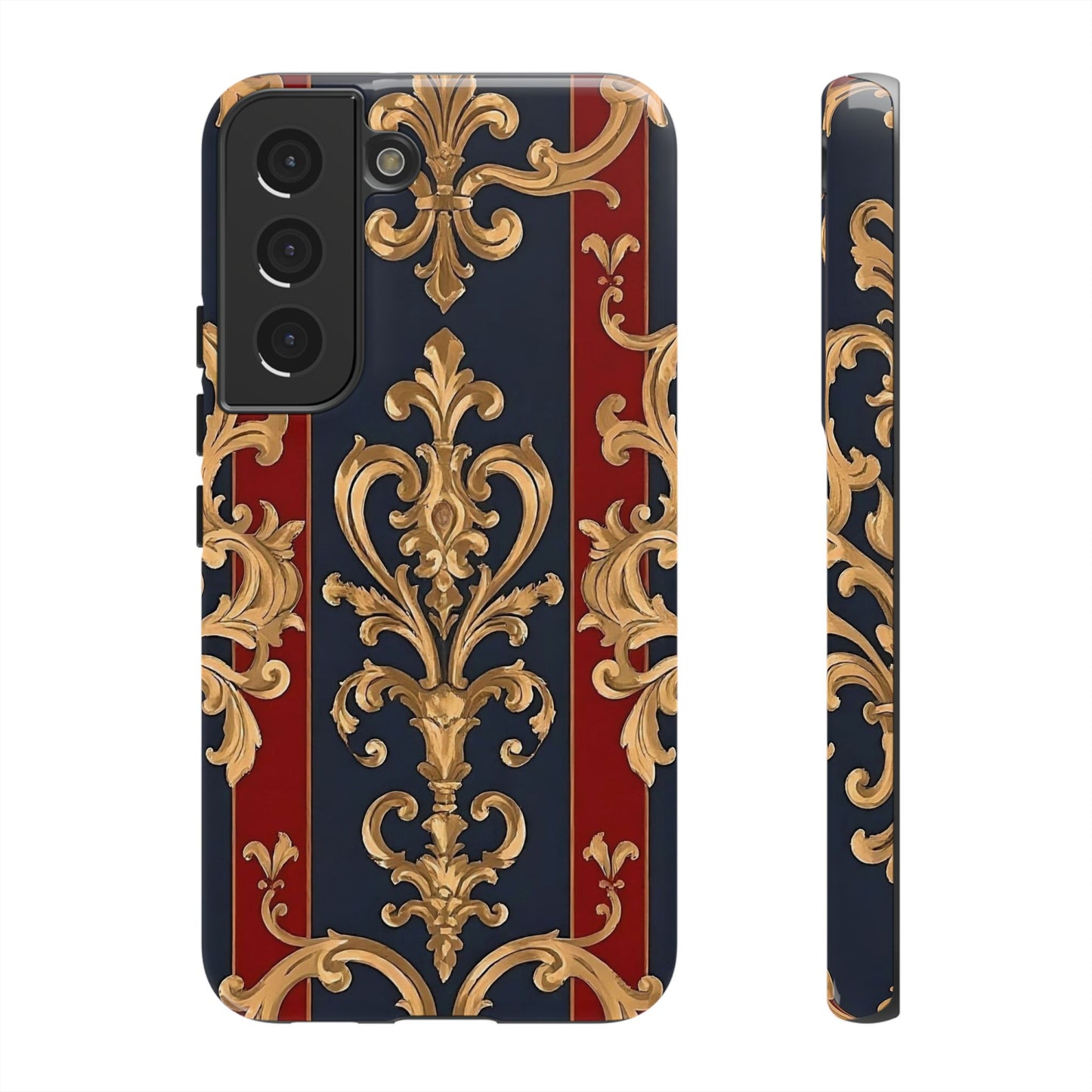 Elegant Floral Motif Phone Case - Tough Cases with Vintage Design - Midnight Blue & Dusk Red Striped Gold Damask