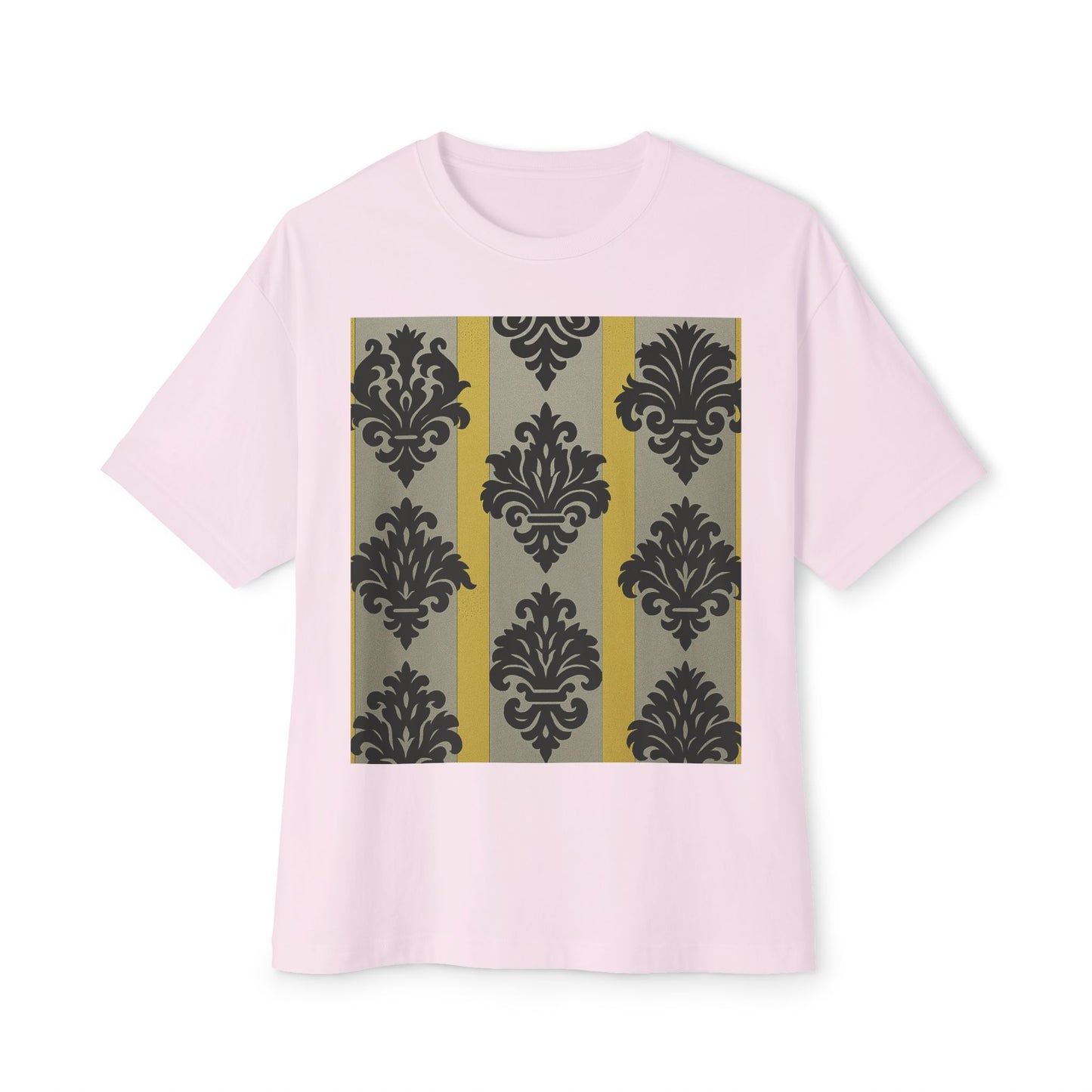 Chic Unisex Oversized Tee, Stylish Casual Wear, Statement Tee, Everyday Comfort, Fashion Gift - Silver & Gold Striped Black Baroque